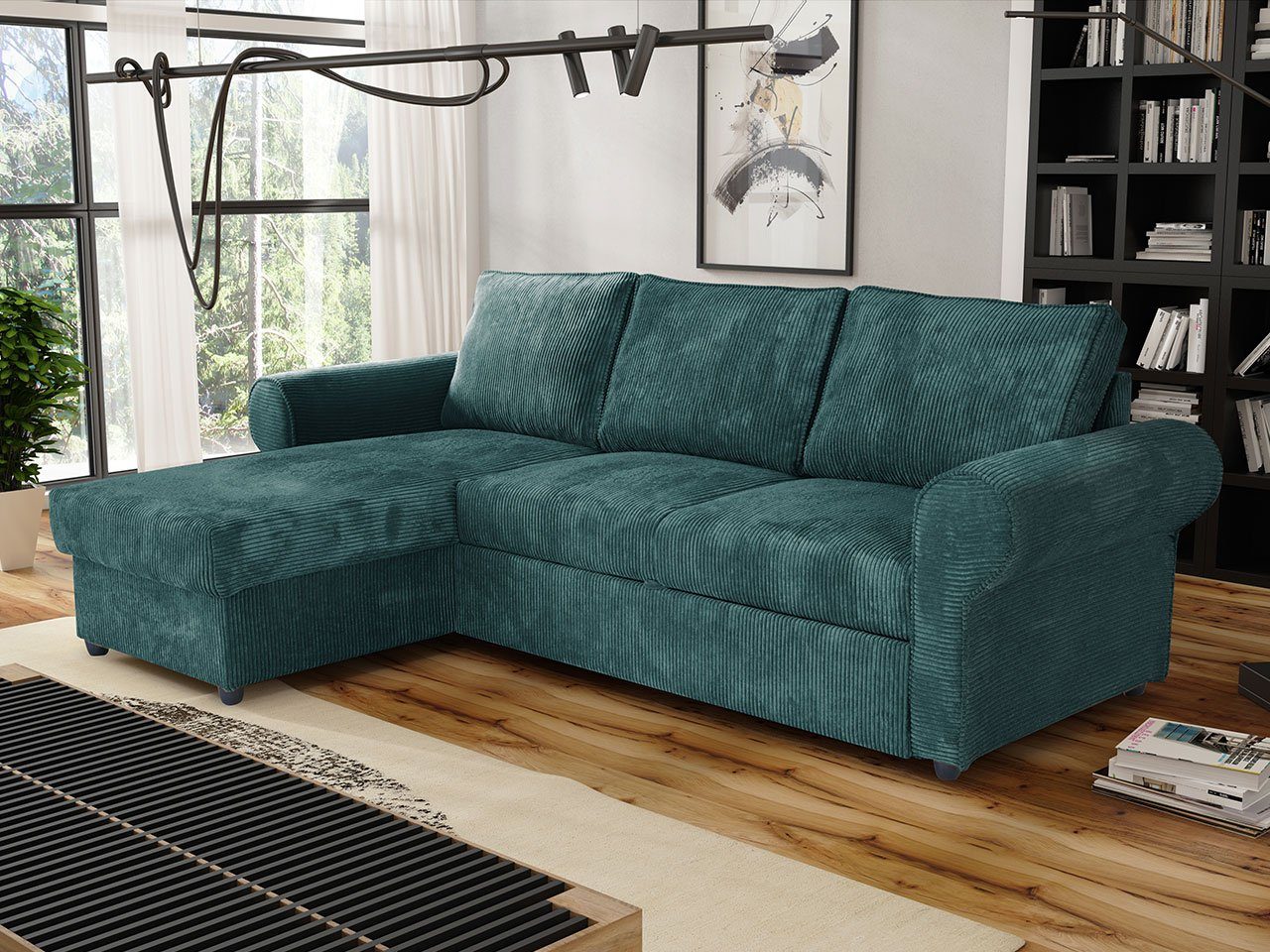 MIRJAN24 Ecksofa Monaco Cord, mit Schlaffunktion und Bettkasten, Rückenlehne in Form beweglicher Kissen, Freistehendes Sofa Poso 125