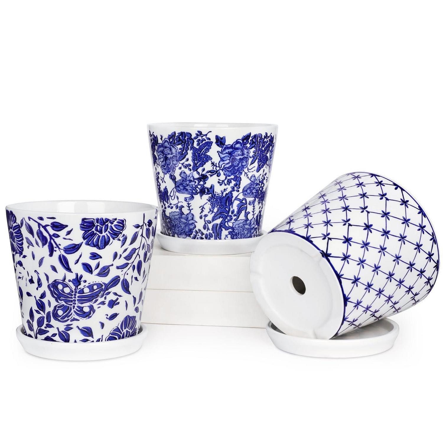 LuxusKollektion Blumentopf Pflanztöpfe Keramik 3er Set Sukkulenten Kaktus Ablaufloch Typ-9