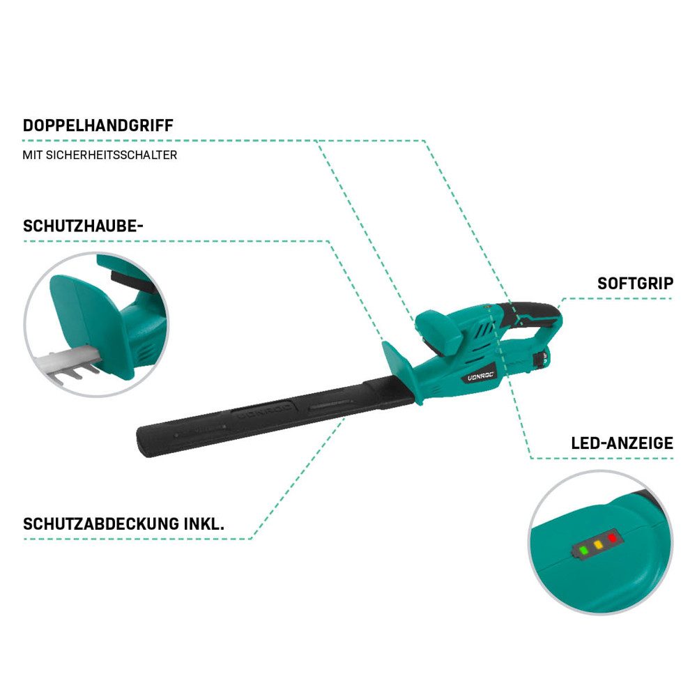 VONROC Akku-Heckenschere 12V – Schnittlänge 350 mm – Schnittbreite 12 mm, inkl. Akku und USB-C-Kabel