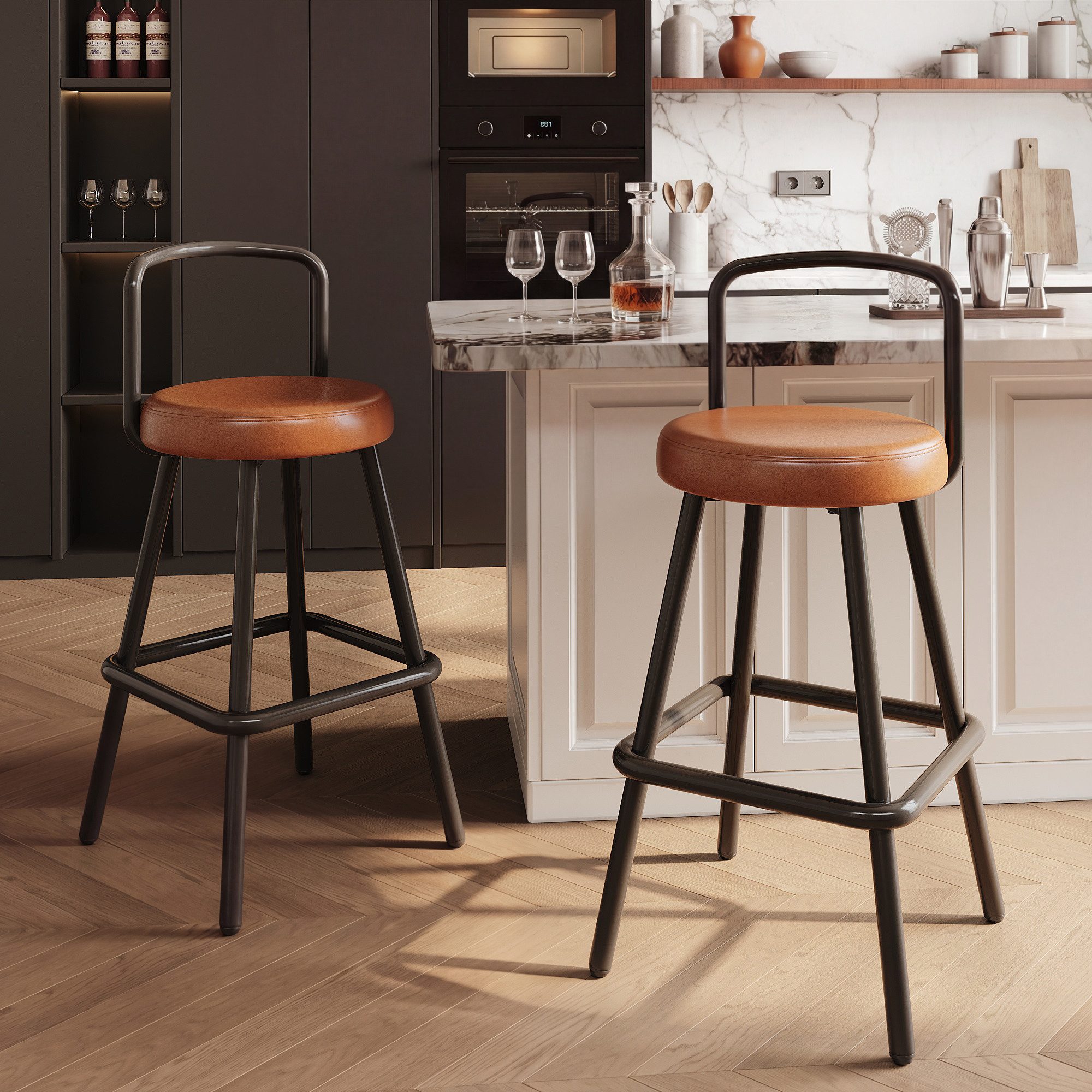 STILVORA Barhocker 2er Set mit ergonomischer Rückenlehne Barstuhl mit Fußstütze für Bar (Barstühle mit wasserabweisendem PU-Leder, Stabile Eisenbeine für sicheren Stand), Perfekt für Haushalte mit Kindern oder Haustieren