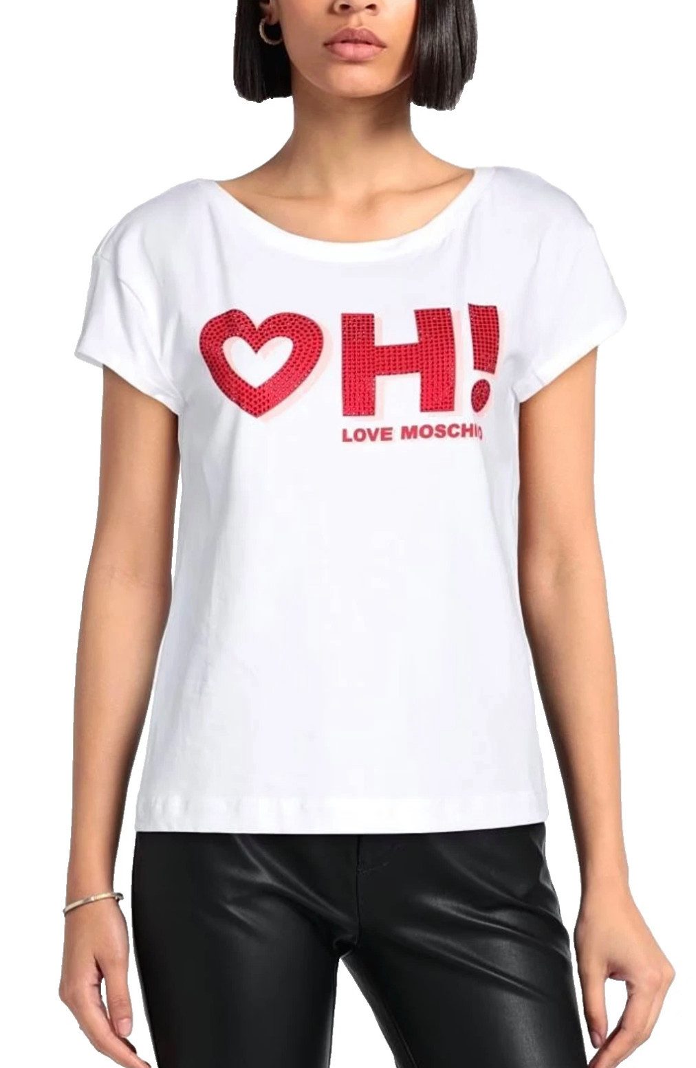 LOVE MOSCHINO T-Shirt Damen T-Shirt „Heart OH!“ mit Strassdetails Boxy Fit mit Herzmotiv, verziert mit roten Strasssteinen