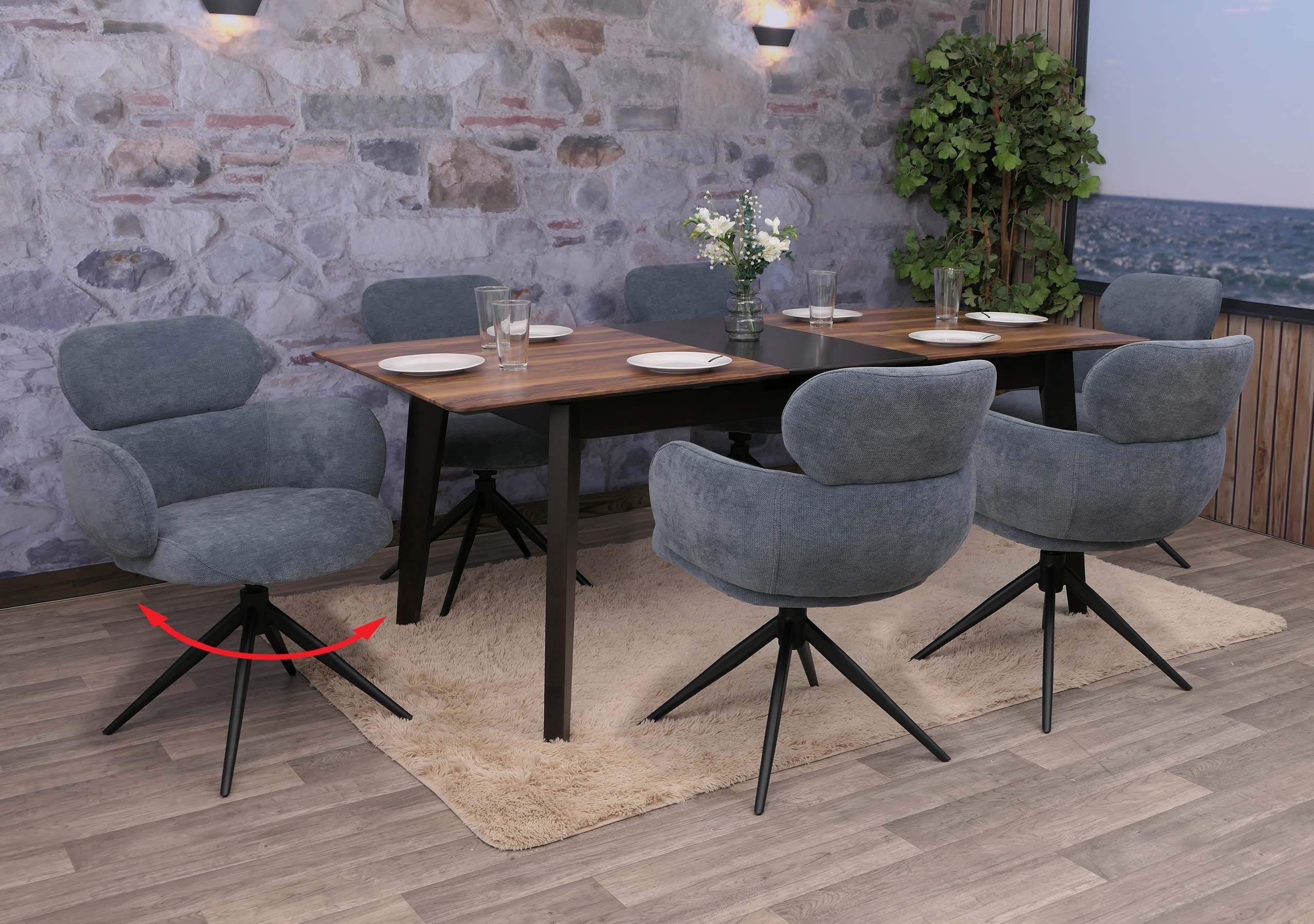 MCW Esszimmerstuhl MCW-O77-6 (Set, 6 St), Um 360° drehbar, Moderner Chenille Stoffbezug, Mit Fußbodenschonern