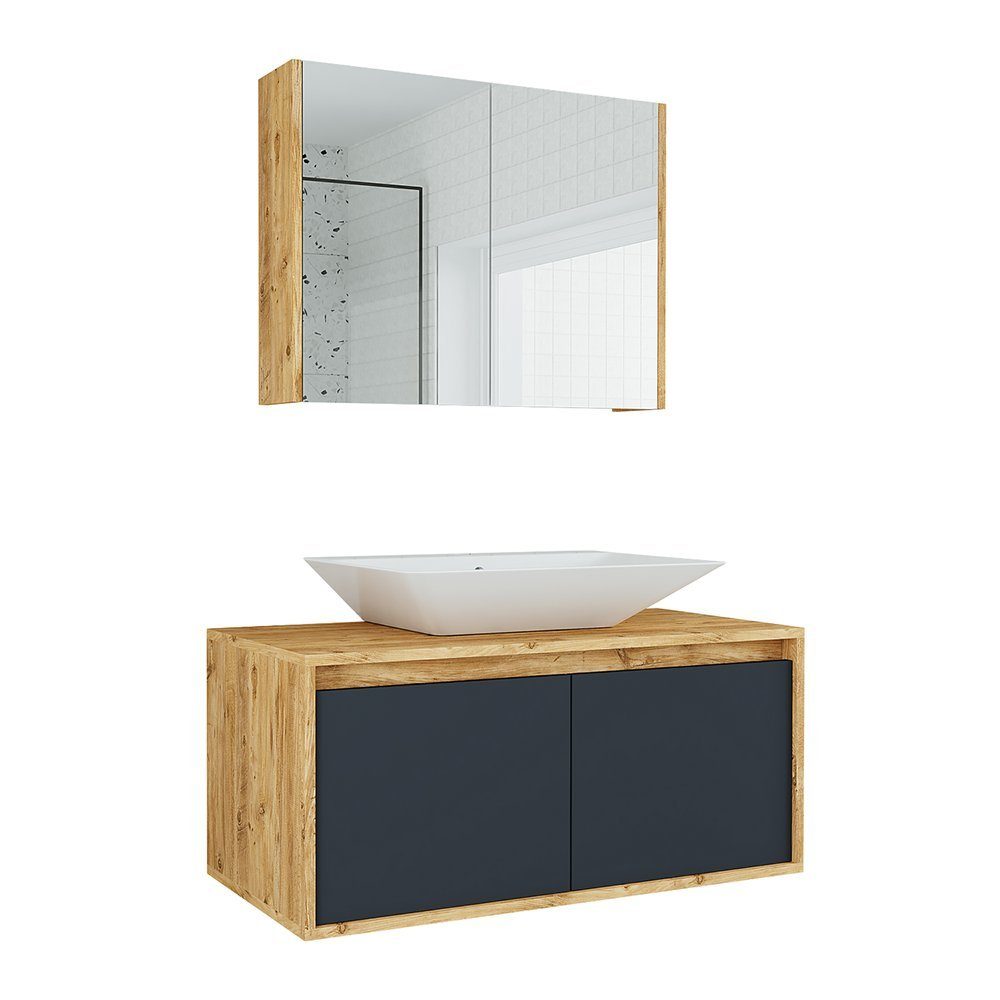 100cm Spiegelscrank) Set 3-teilig Weiß Roomart (Badmöbel mit Waschbecken Badmöbel-Set, Eiche Unterschrank