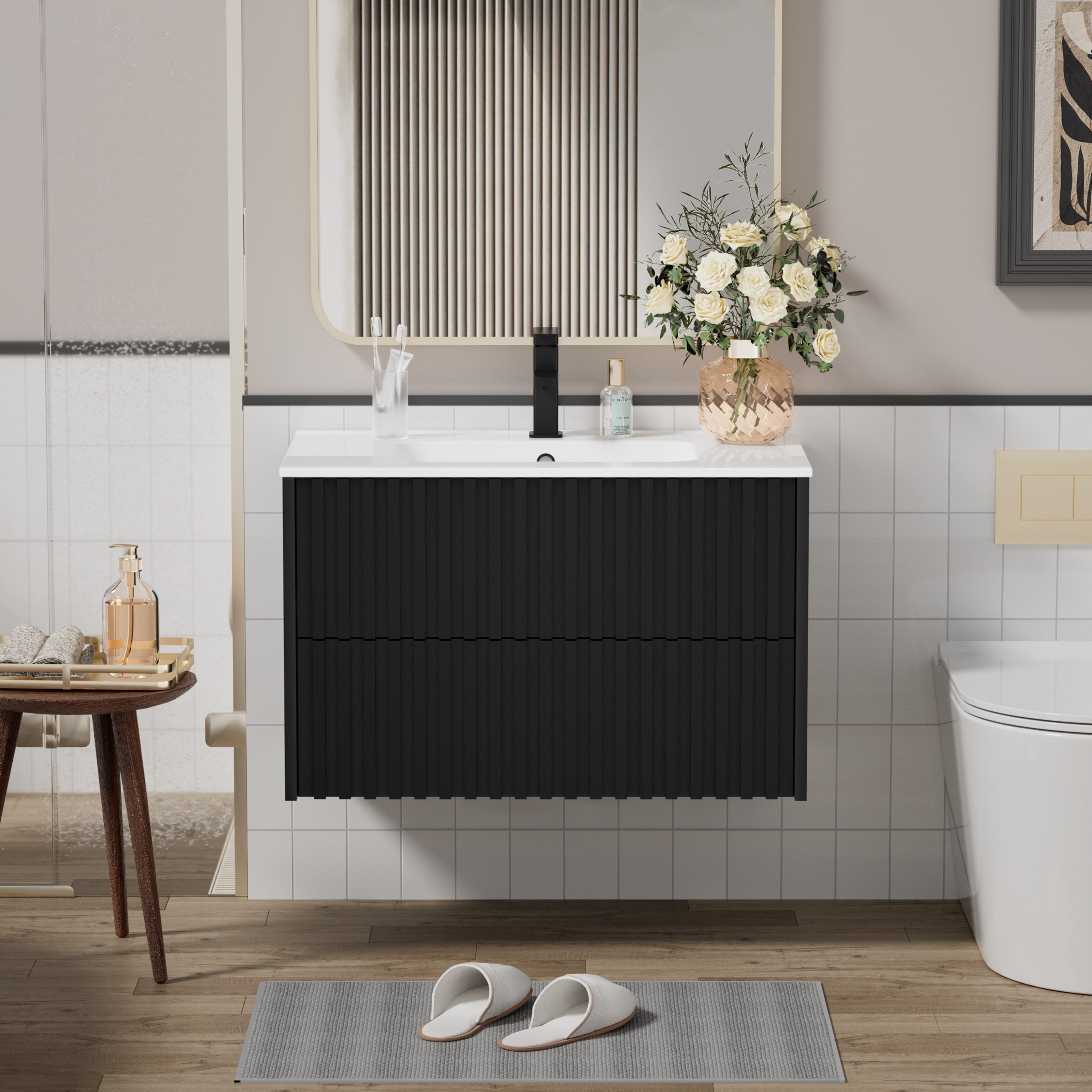 UEV Waschtisch Waschbecken mit Unterschrank set Badmöbel Gäste-WC (mit Wasserhahn und Pop-up-Ablassventil, Soft-close Schubladen,Waschbeckenunterschrank mit 2 S – Bild 4 von 5