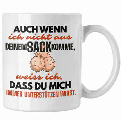 Trendation Tasse Trendation - Stiefvater Geschenk Tasse Vatertag Lustiger Spruch Auch Wenn Ich Nicht Aus Deinem Sack Komme Geschenkidee Stiefpapa