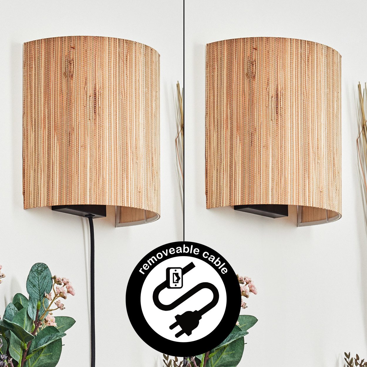 hofstein Wandleuchte Wandlampe aus Metall/Seegras in Schwarz/Natur, ohne Leuchtmittel, Wandleuchte m. Stecker/Schalter, Kabel, UP & Down Lichteffekt, 1 x E27