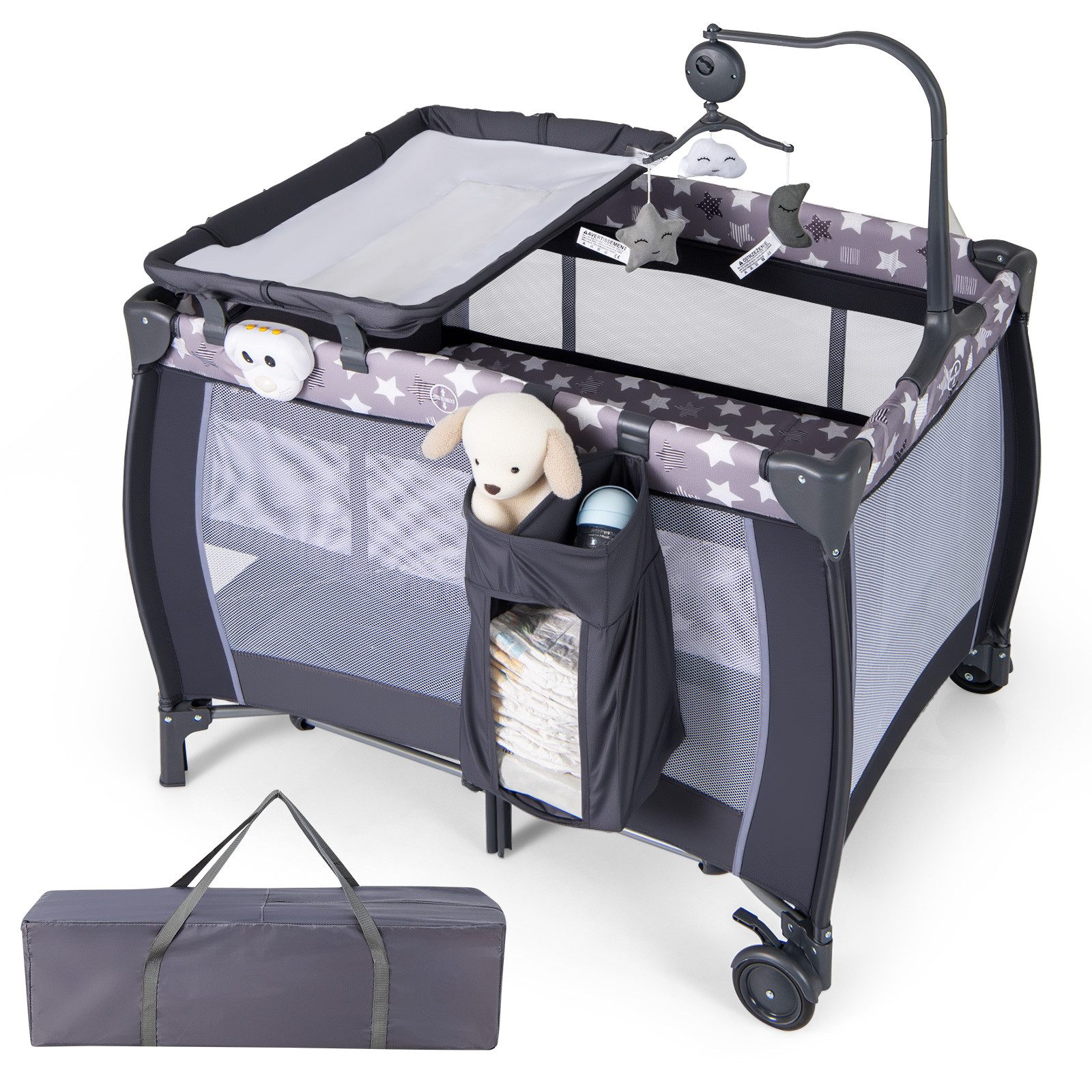 COSTWAY Beistellbett, 3 in 1 Wicketisch Laufstall, mit Matratze