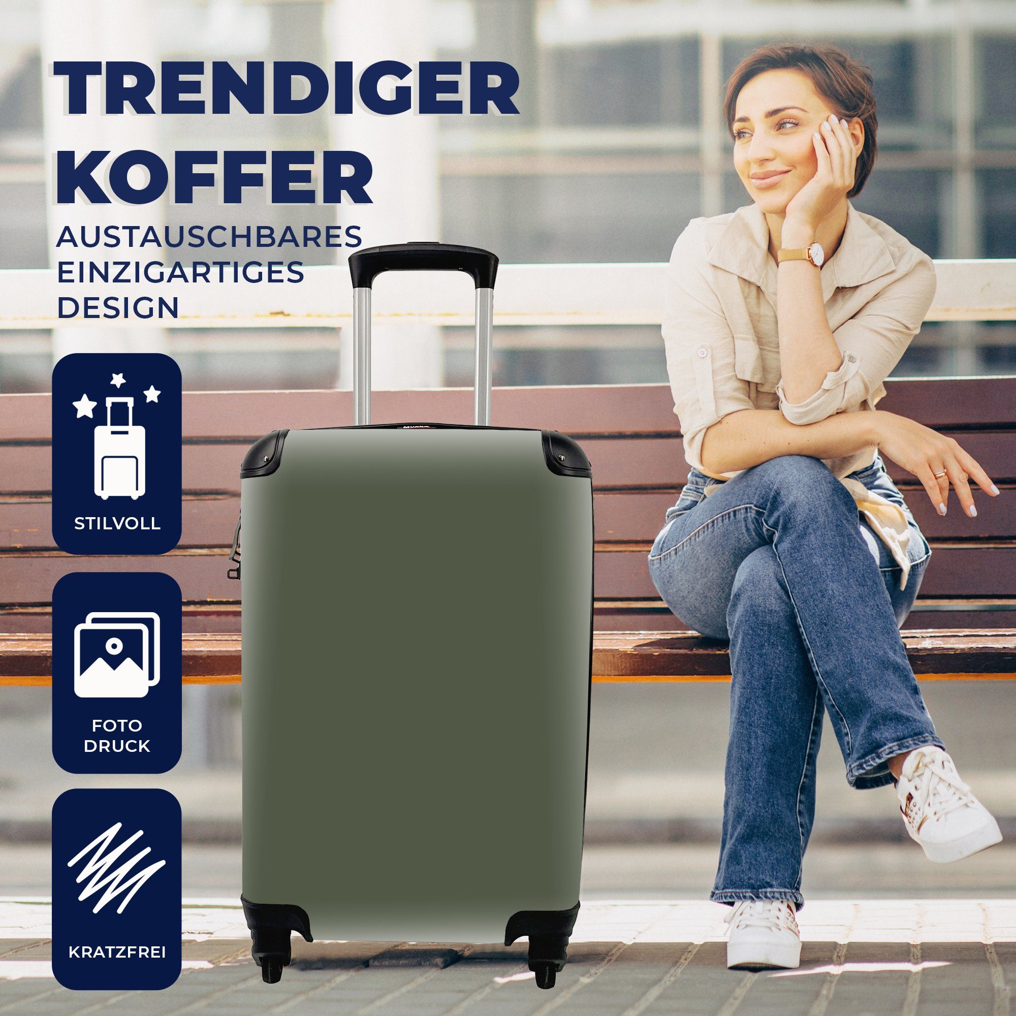 Reisekoffer Handgepäck rollen, für - Olivgrün, Reisetasche Handgepäckkoffer Grün Trolley, Einfarbig mit Ferien, MuchoWow - 4 Rollen,