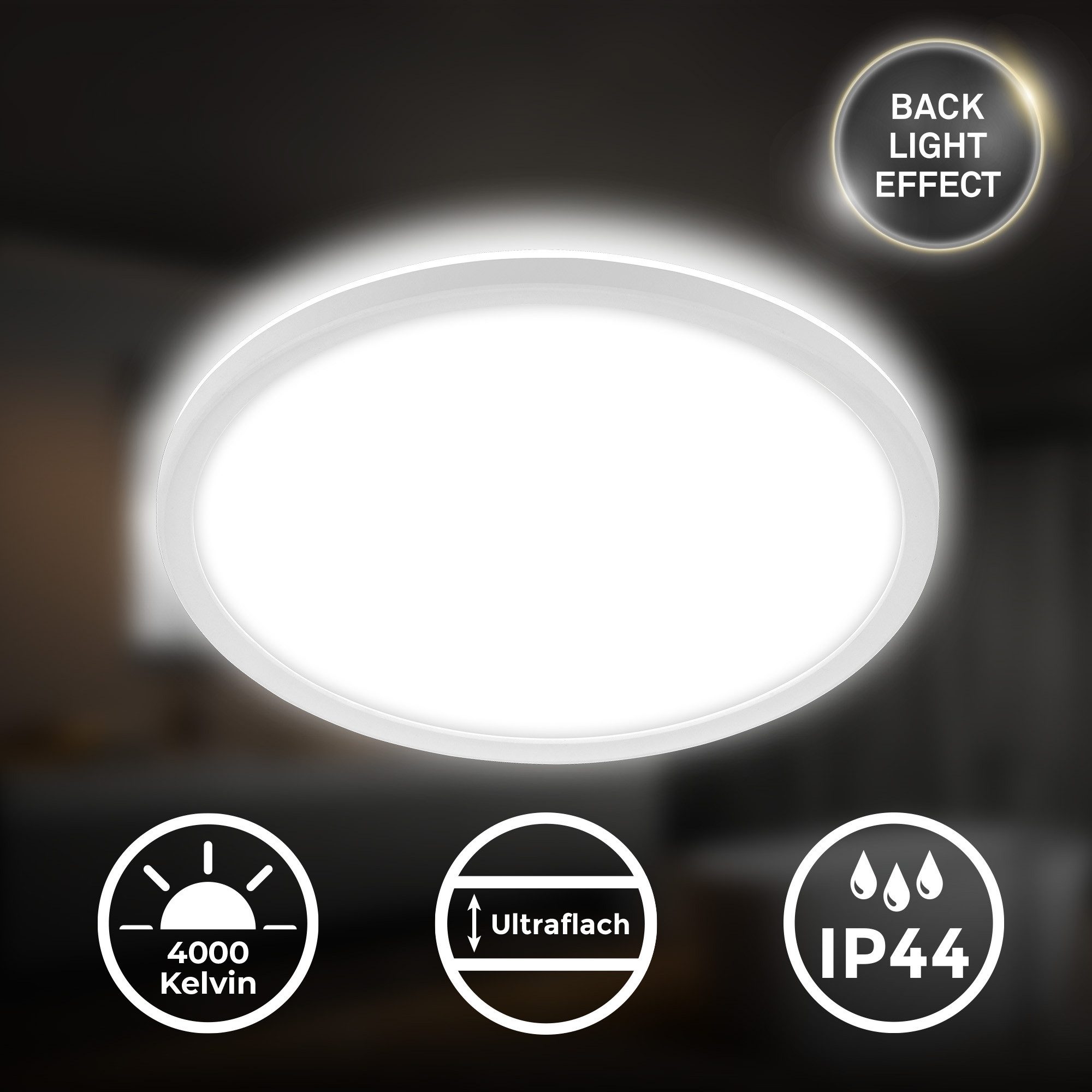 Briloner Leuchten LED Panel Deckenlampe Deckenleuchte Backlight-Effekt Badezimmer IP44, LED fest integriert, 4000K