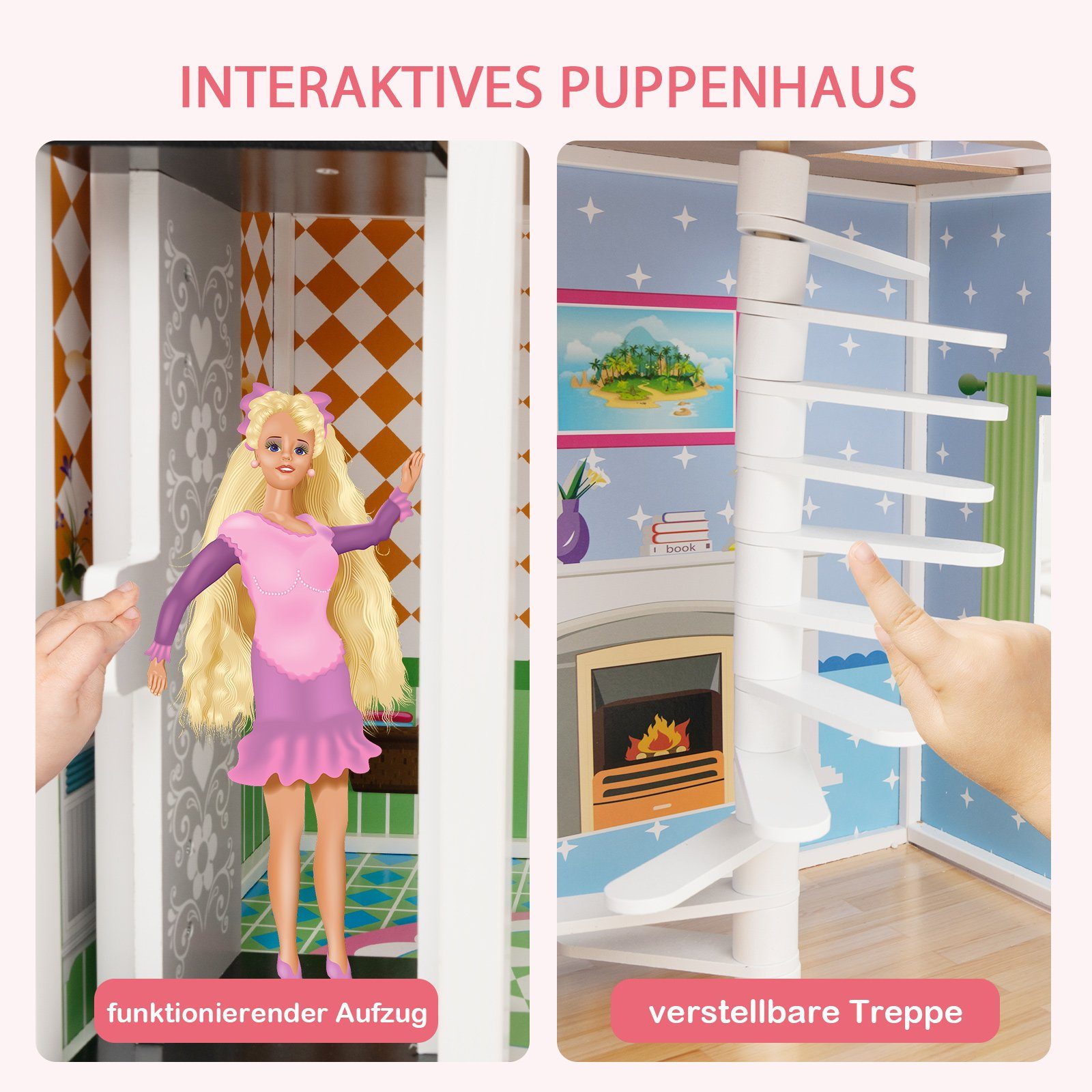 COSTWAY Puppenhaus, 3 Etagen Puppenstube mit 5 Zimmer