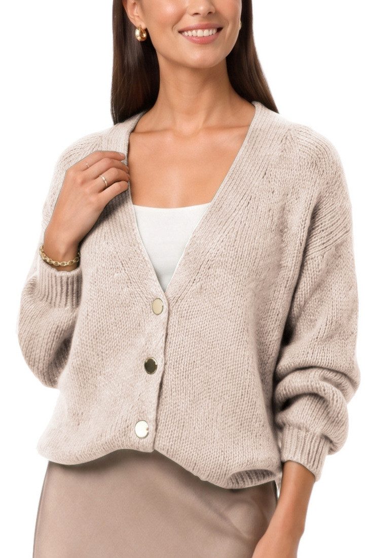 dy_mode Strickjacke Damen Cardigan Grobstrick Strickjacke V-Ausschnitt Übergangsjacke Grobstrick, in Unifarbe, V-Ausschnitt