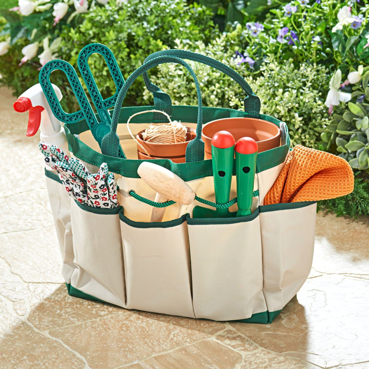 Spetebo Werkzeugtasche Stoff Gartentasche mit 8 Fächern - 33 x 25 cm