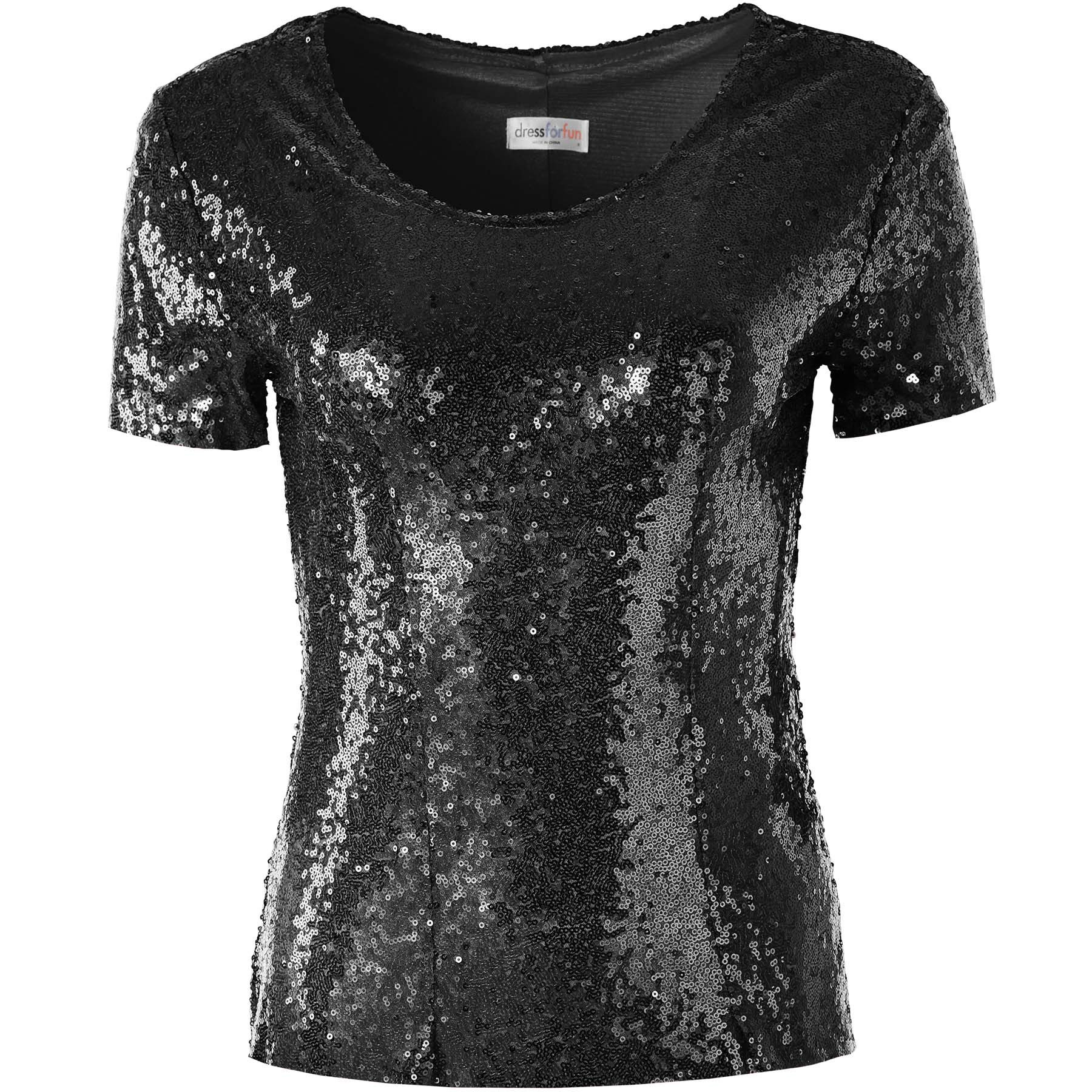 dressforfun T-Shirt Kurzarmtop, Damen-Shirt mit kurzen Ärmeln und Rundhalsausschnitt (Freizeitoberteil, Konfektionsgröße S in schwarz) Vorn mit glänzenden Paill – Bild 2 von 5