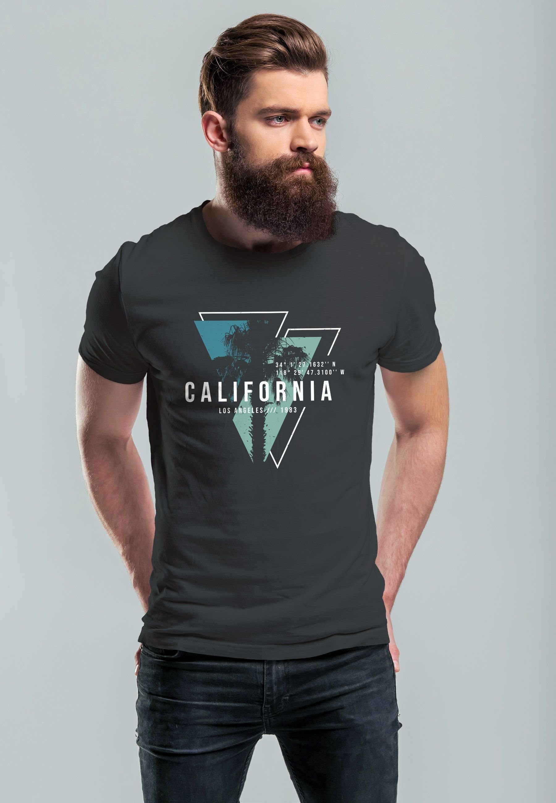 Sommer Los T-Shirt Neverless Fashion Print-Shirt Herren Surfing Angeles California Print Motiv mit USA anthrazit-blau