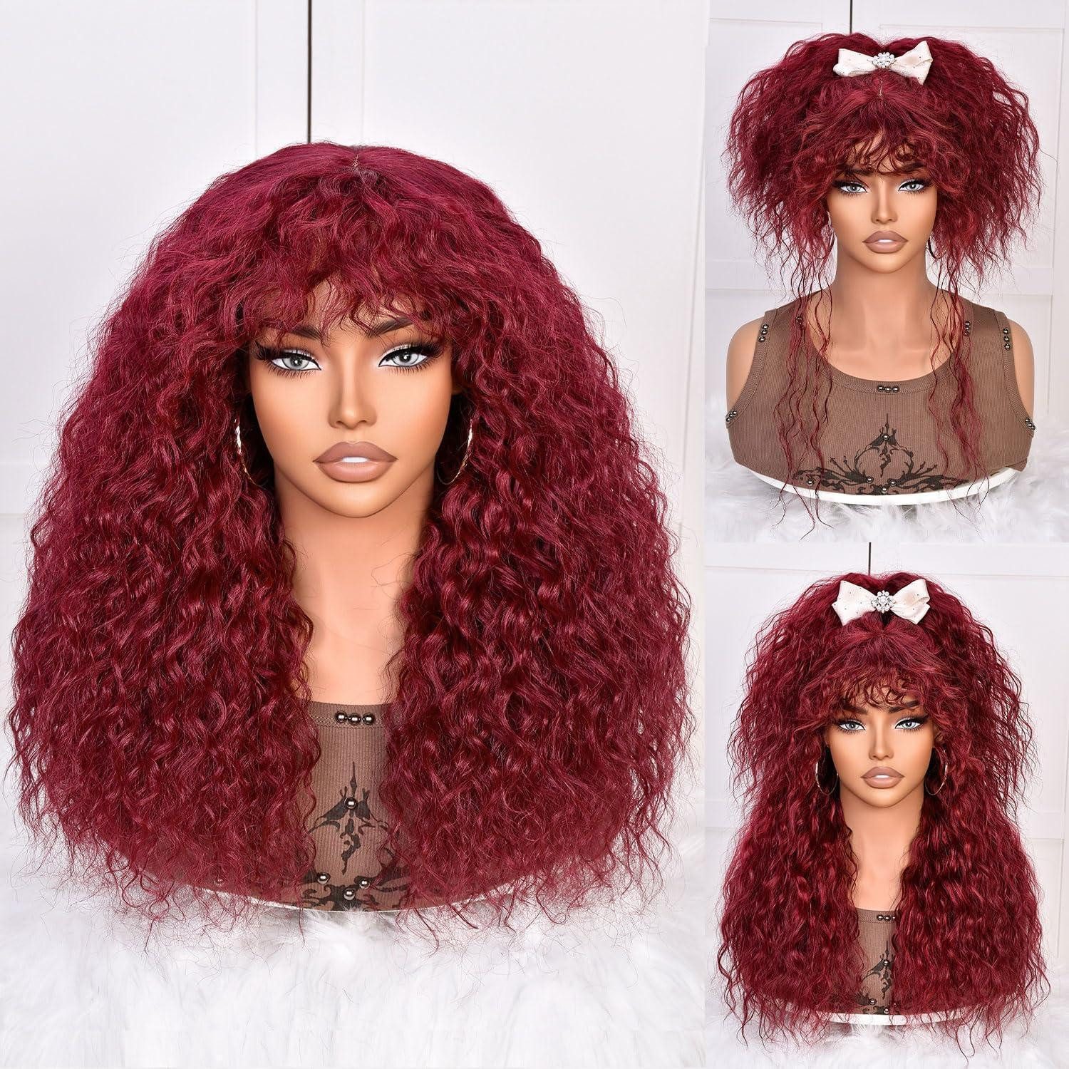 LuxusKollektion Echthaarperücke Perücke Locken Pony Echthaar Haaransatz Damen Klebefrei Burgund