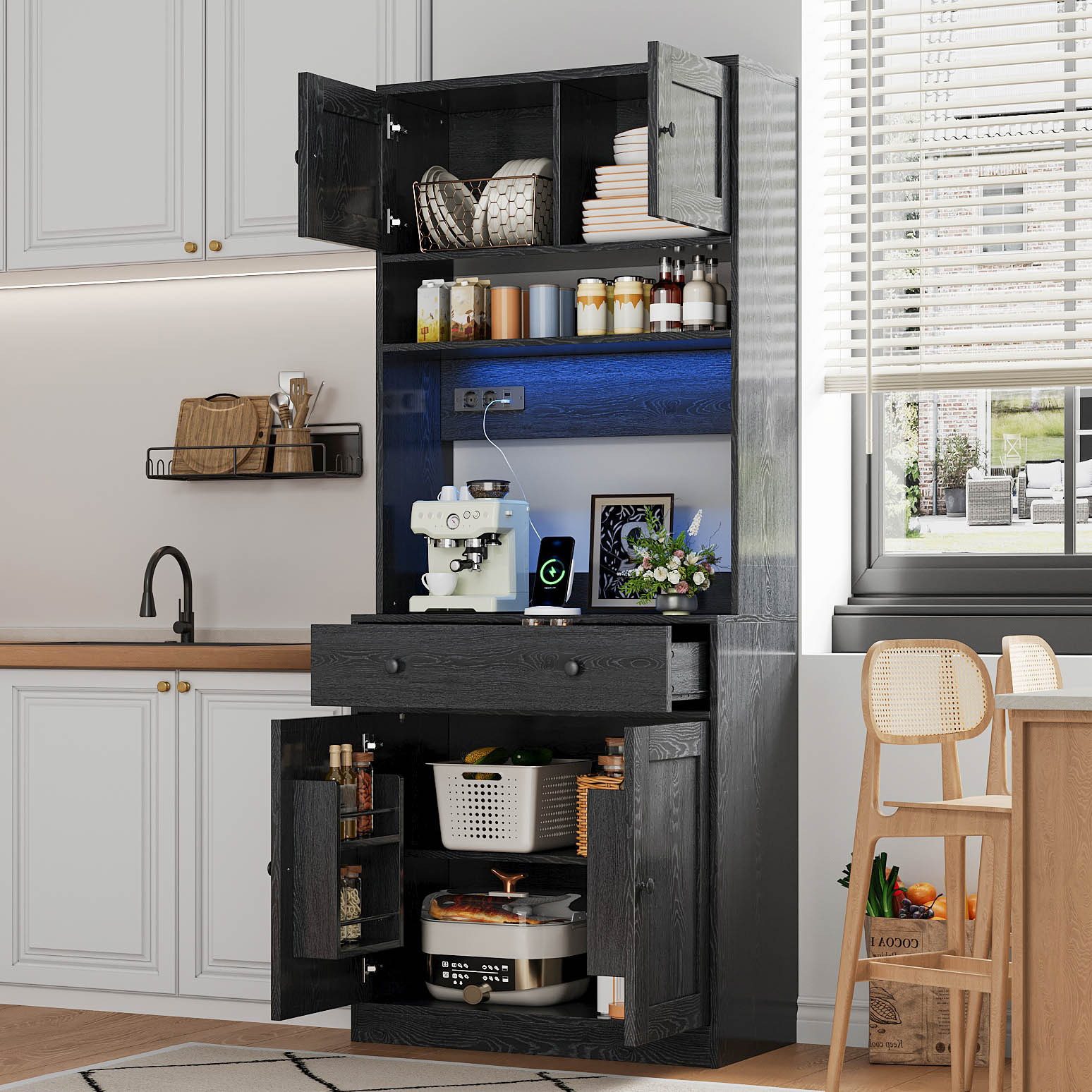 Flieks Hochschrank Küchenbuffet mit LED-Beleuchtung, Steckdosen, Türablagen (B72xT40xH180 cm, 1-St., Ladenfunktion) Küchenschrank Mehrzweckschrank Multifunktionsschrank Weiß