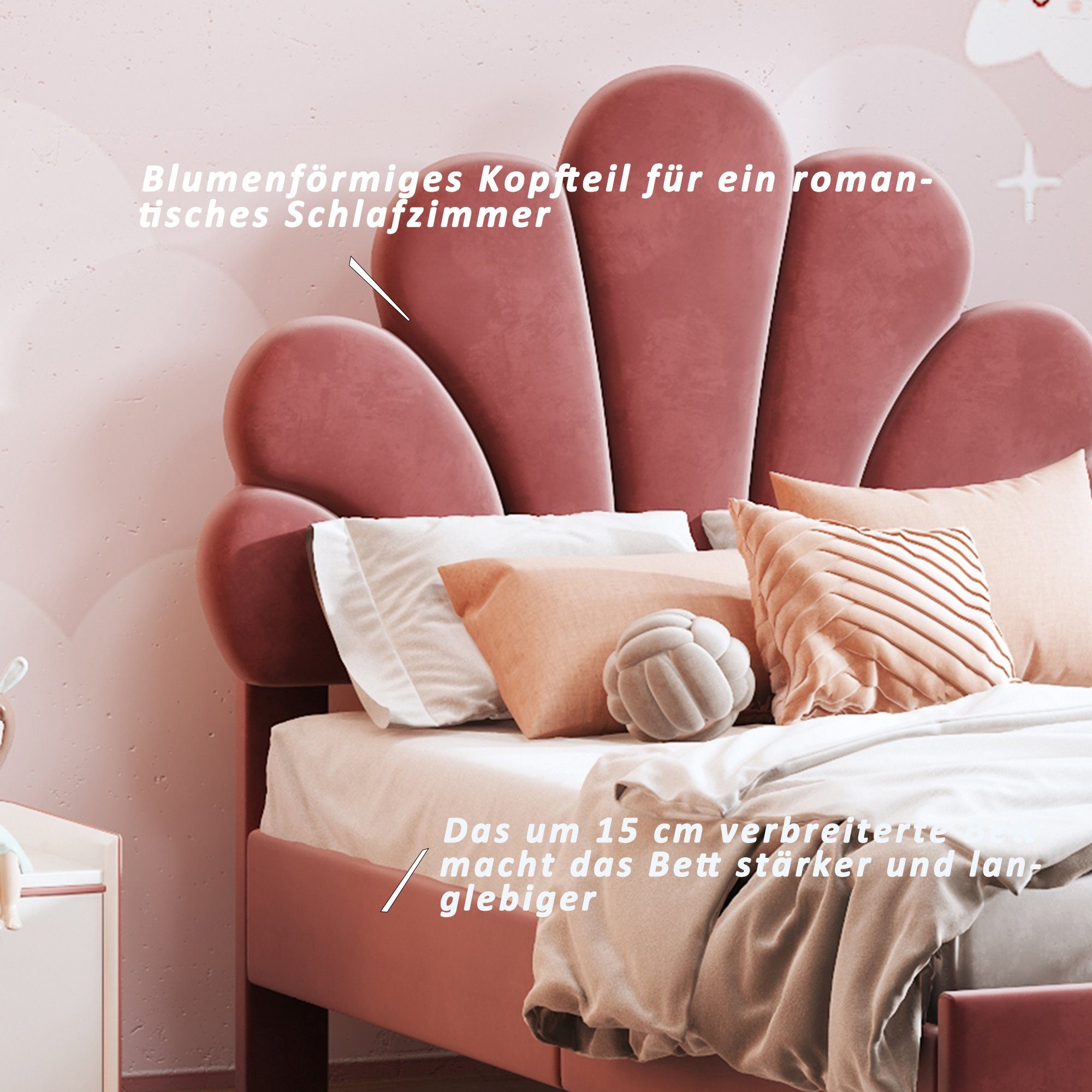 REDOM Einzelbett 90 x 200 cm Kinderbett Gästebett Polsterbett (mit Kopfteil in Blumenform und Lattenrost, hautfreundlichem Samtstoff), Ohne Matratze