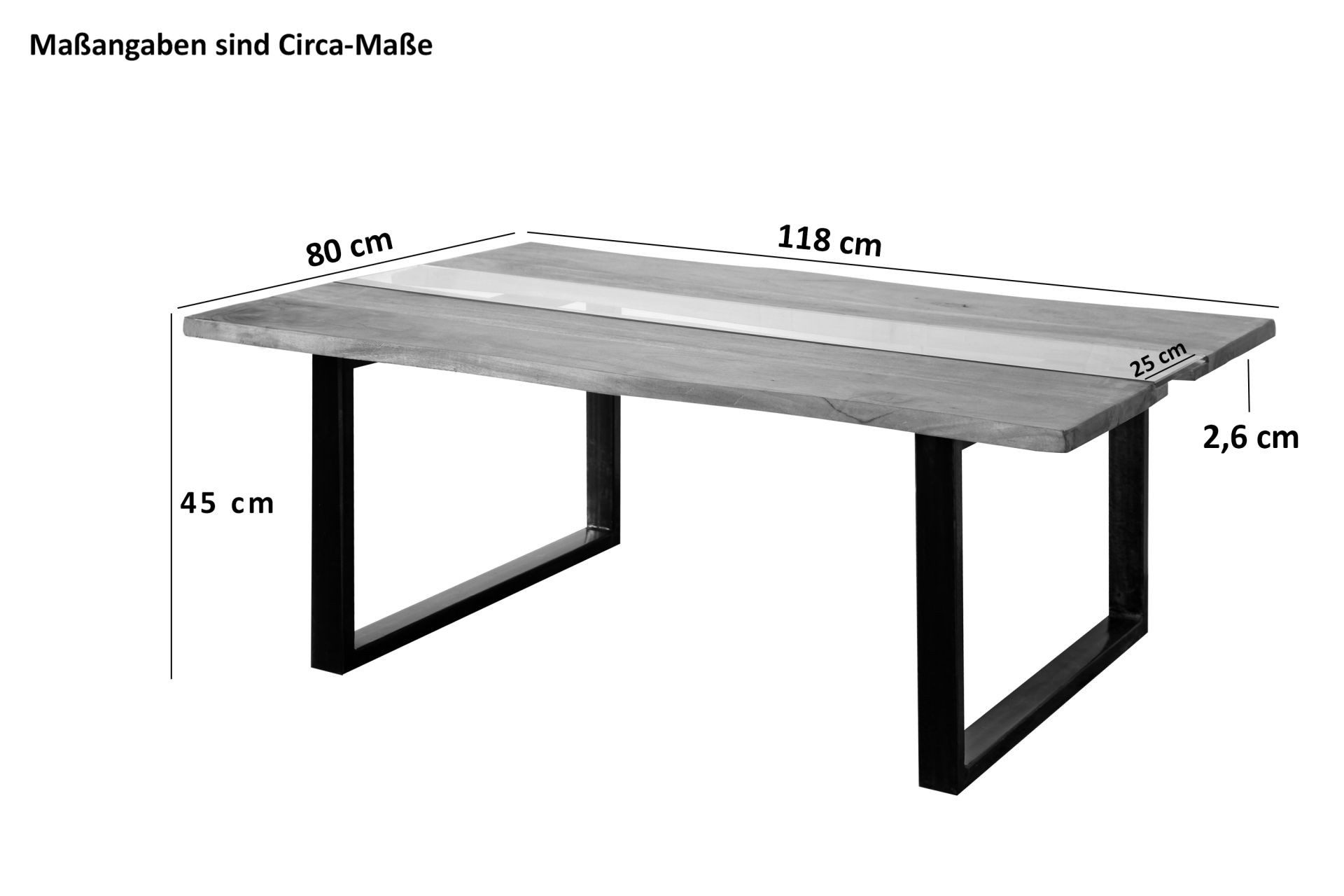 SAM® Couchtisch Franziska, massives Akazienholz mit Glaseinsatz, Baumkante, U-Gestell Metall