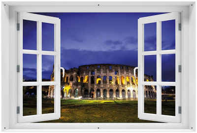 Wallario Sichtschutzzaunmatten Italien bei Nacht - Kollosseum in Rom, beleuchtet am Abend, mit Fenster-Illusion