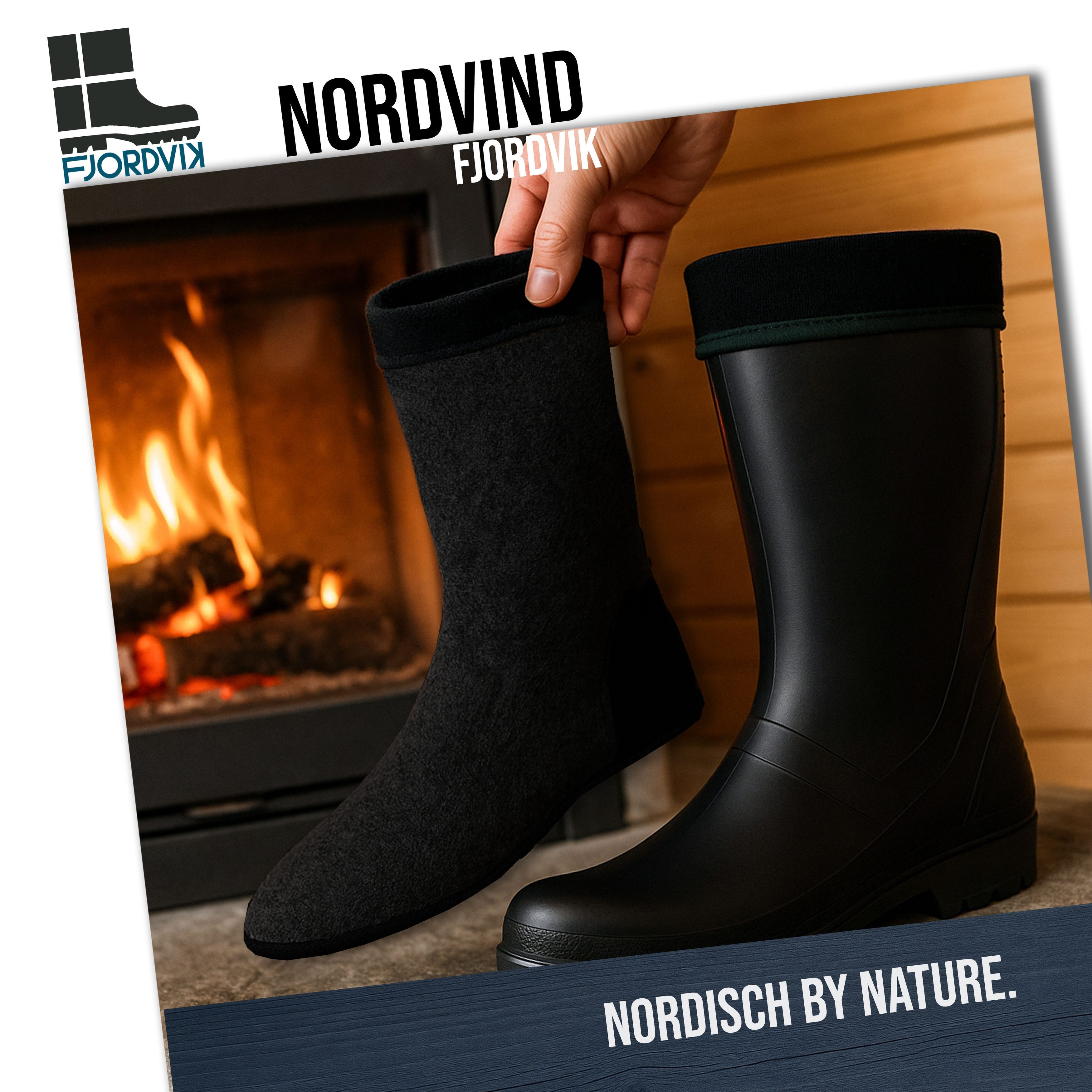 Fjordvik Herren PVC-Thermostiefel mit herausnehmbarem Winterfutter – Schwarz Gummistiefel (Isolierende Winterboots mit Fleecefutter für Hof und Spaziergang) Pflegeleichtes Material lässt sich schnell und sauber abspülen