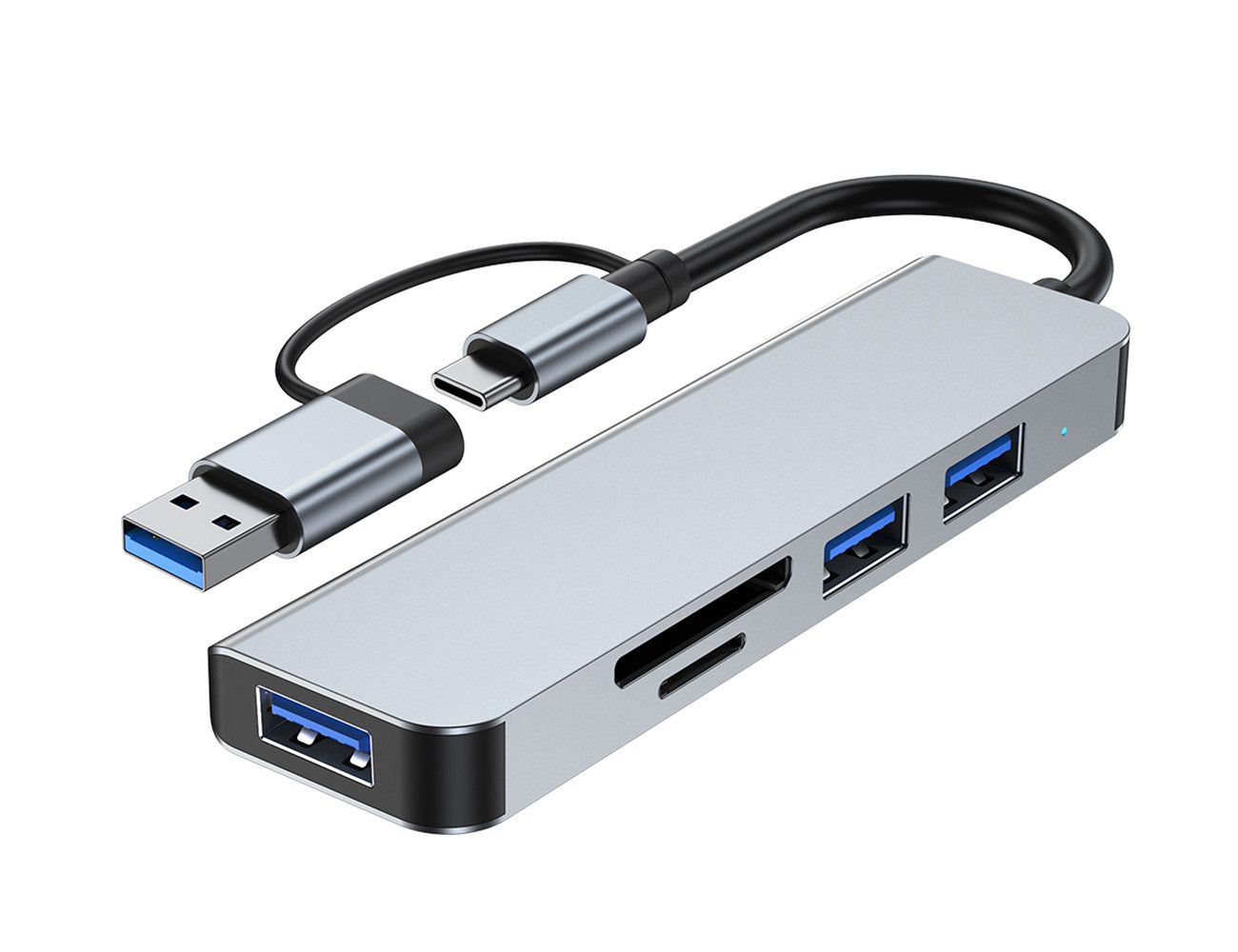 Tekoo Laptop-Dockingstation USB C Hub 5-in-1 Adapter mit USB 3.0 & SD/TF Kartenleser für Laptop, (Packung, Einzelartikel), 2-in-1 Kombi-Stecker (USB-C & USB-A), Robustes Aluminiumgehäuse