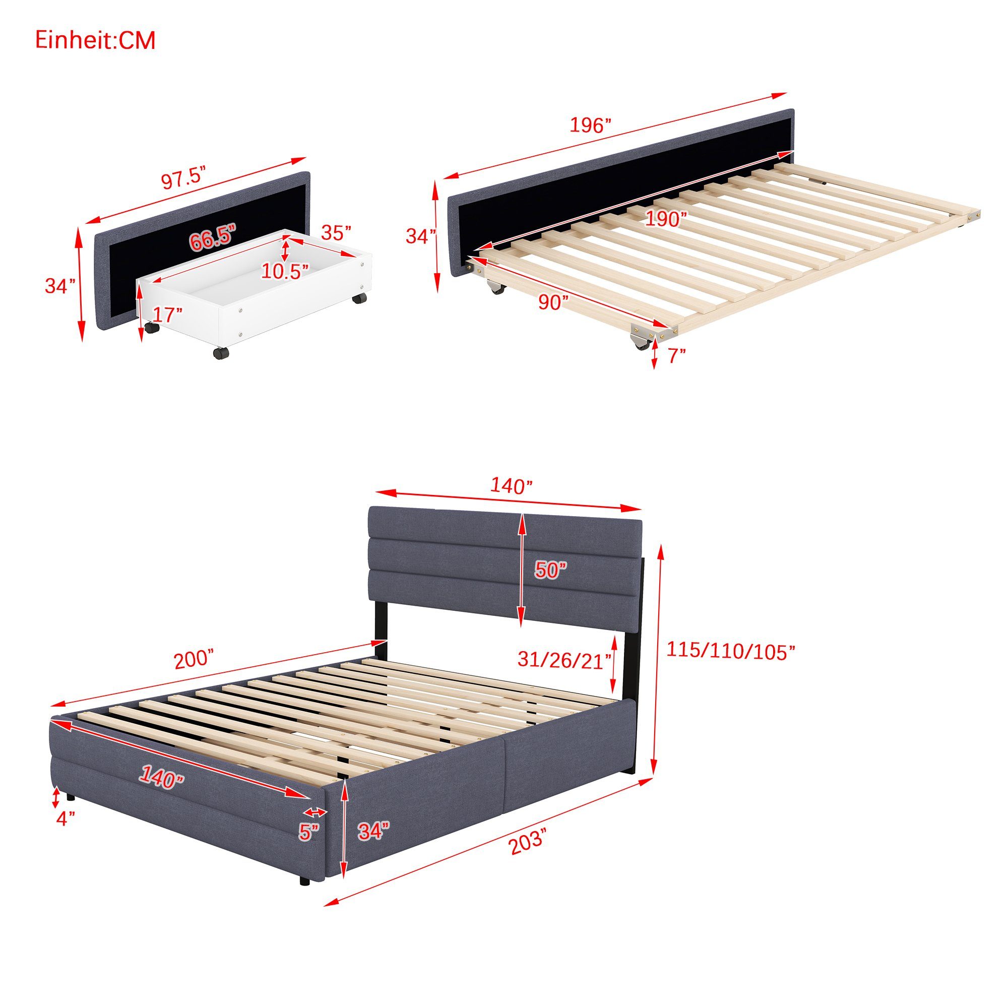 Liegeffäche für (mit Matratze Personen zwei Grau Räummaschine REDOM Schubladen), Funktionsbett Polsterbett Plattformbett Doppelbett,ausziehhare Ohne 140x200 zwei und