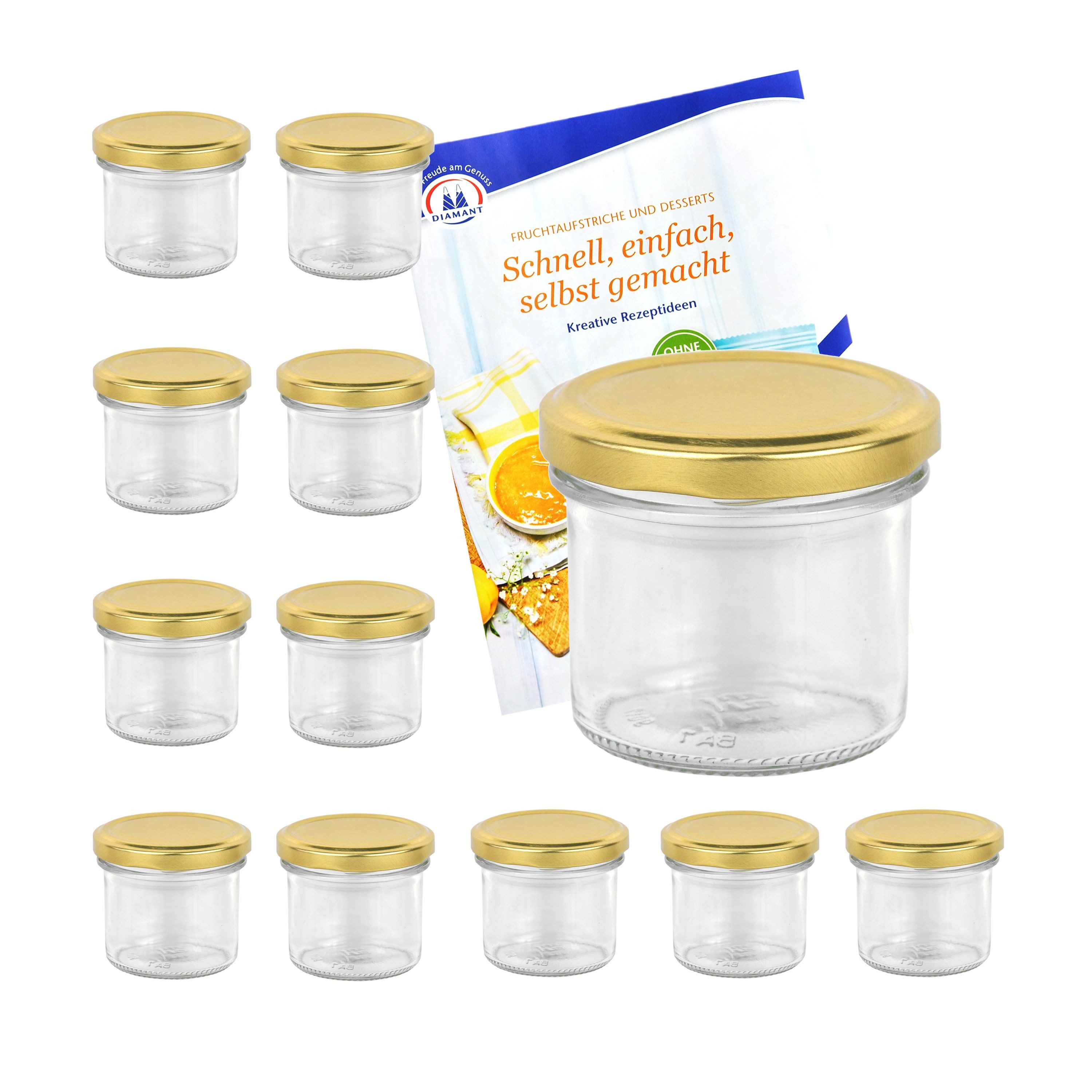 MamboCat Einmachglas 12er Set Sturzglas 125 ml Marmeladenglas Einmachglas goldener Deckel, Glas