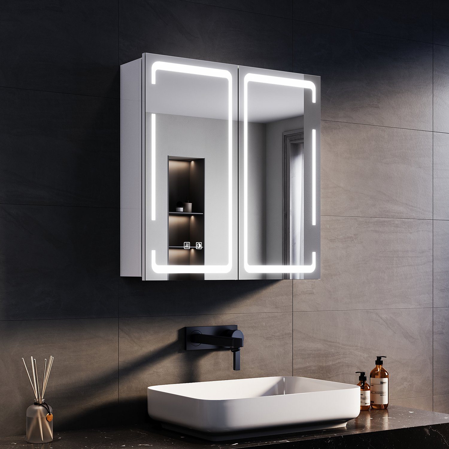 SONNI Badezimmerspiegelschrank Doppeltüriger dreifarbig beleuchteter Badezi günstig online kaufen