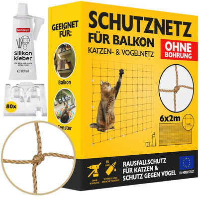 Konzept 11 Schutznetz Katzennetz für Balkon Ohne Bohren Set, BxL: 2x6 m, (Komplett-Set, Netz, Klebehaken, Kleber), Maschenweite: 50x50 mm