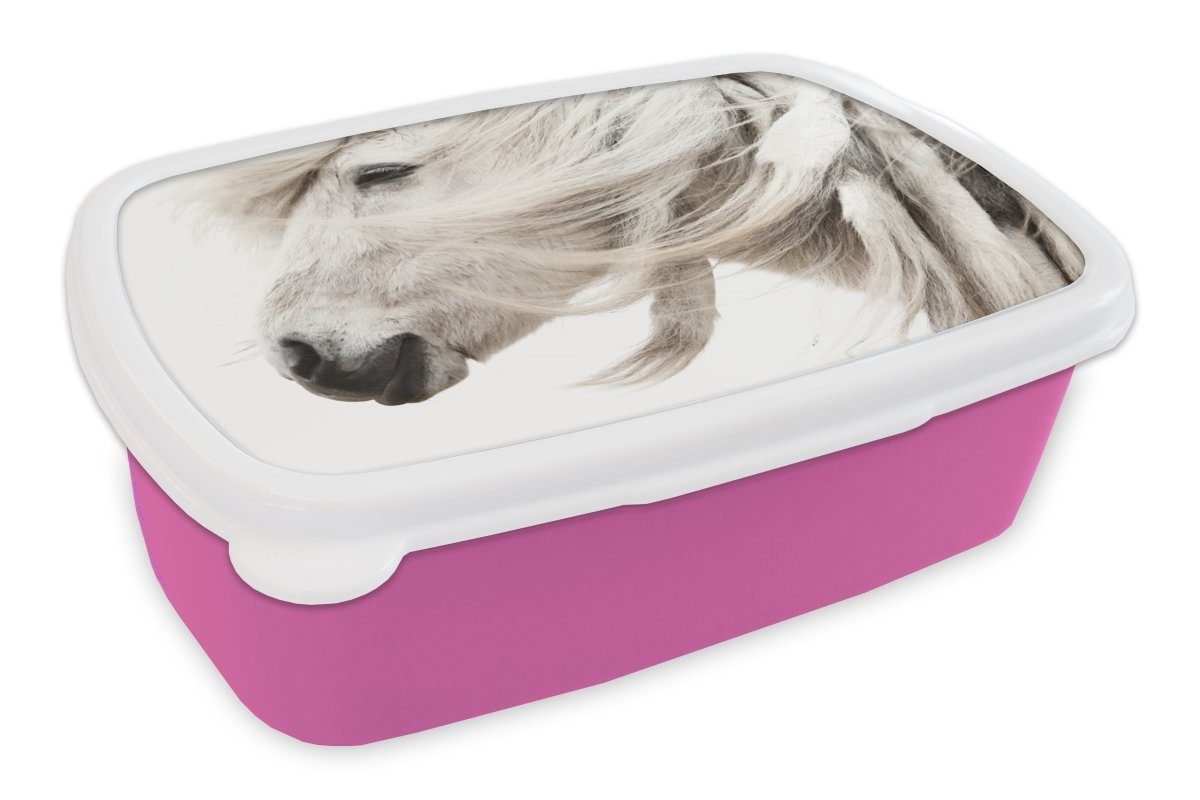 MuchoWow Lunchbox Pferd - Grau - Weiß, Kunststoff, (2-tlg), Brotbox für Erwachsene, Brotdose Kinder, Snackbox, Mädchen, Kunststoff rosa
