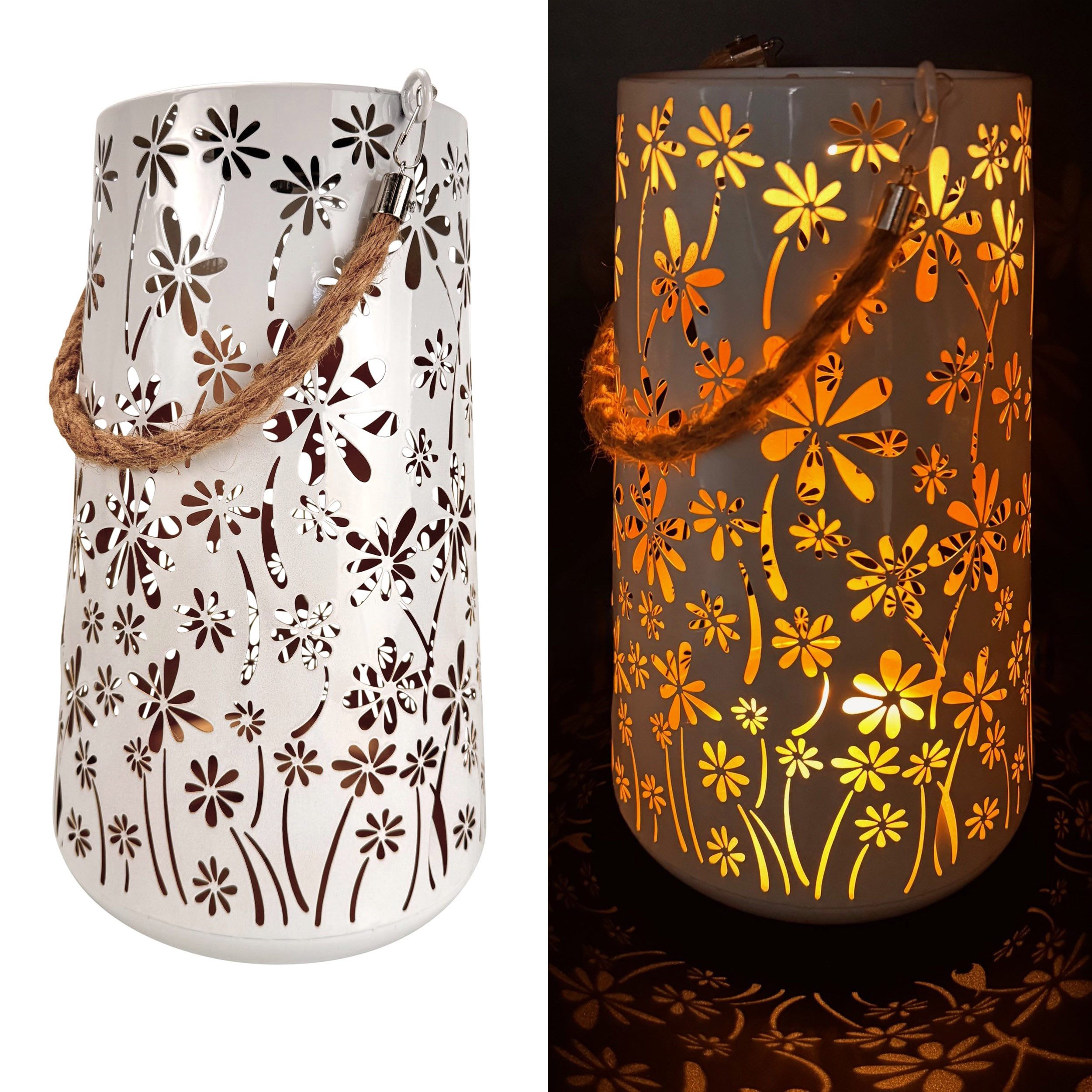 Online-Fuchs LED Laterne mit Solarbeleuchtung und Lichtspiel - Outdoor - Weiß, 37 cm groß, faszinierendes Blumenbild in der Dunkelheit, warmweiße Beleuchtung, Dekoration für Garten, Terrasse und Balkon