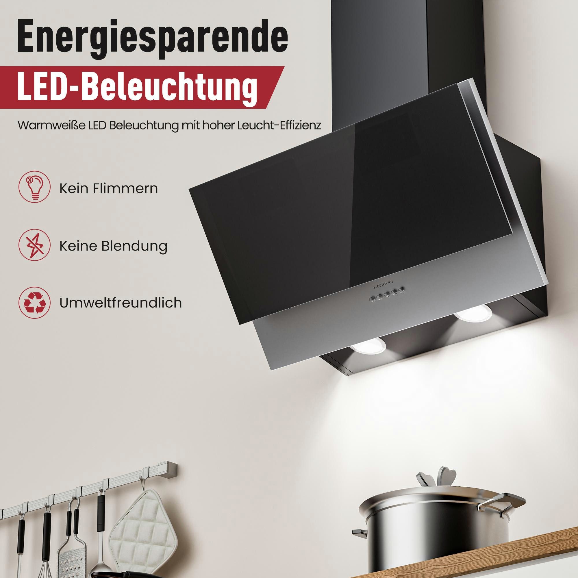 Levivo Kopffreihaube A+++ 400 m³/h Dunstabzugshaube 60cm Umluft & Abluft mit 2 Aktivkohlefiltern, 1 Fettfilter, 3 Stufen, Booster, 2 LEDs – Bild 4 von 5
