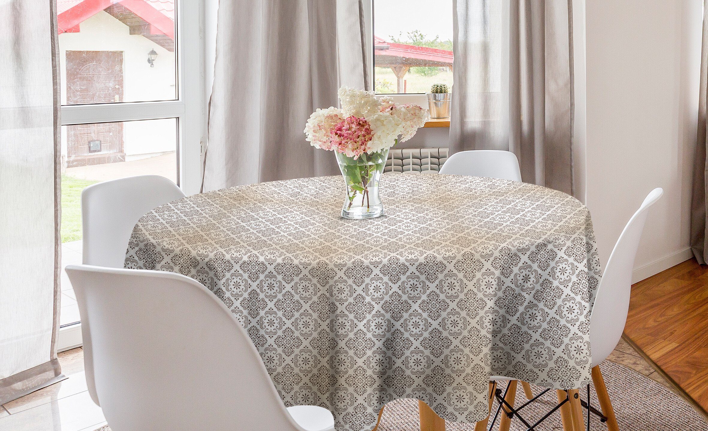 Abakuhaus Tischdecke Kreis Tischdecke Abdeckung für Esszimmer Küche Dekoration, Beige und Braun klassische Blumen