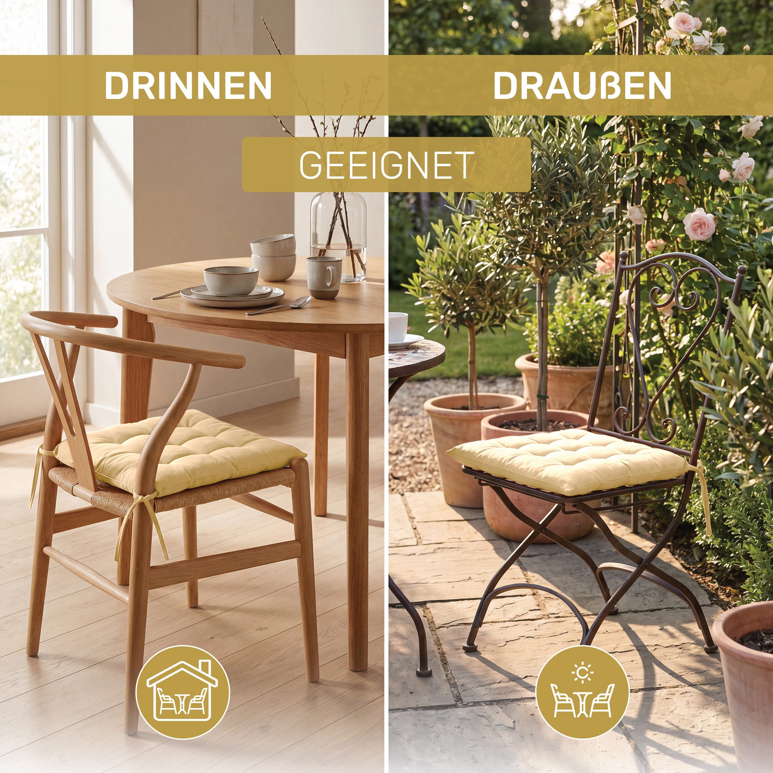 Lavea Stuhlkissen Lavea® Sitzkissen & Stuhlkissen 40x40 cm – 4er/8er Set, 40x40x3 cm, mit Stoffbändern, Indoor & Outdoor, für Garten & Balkon
