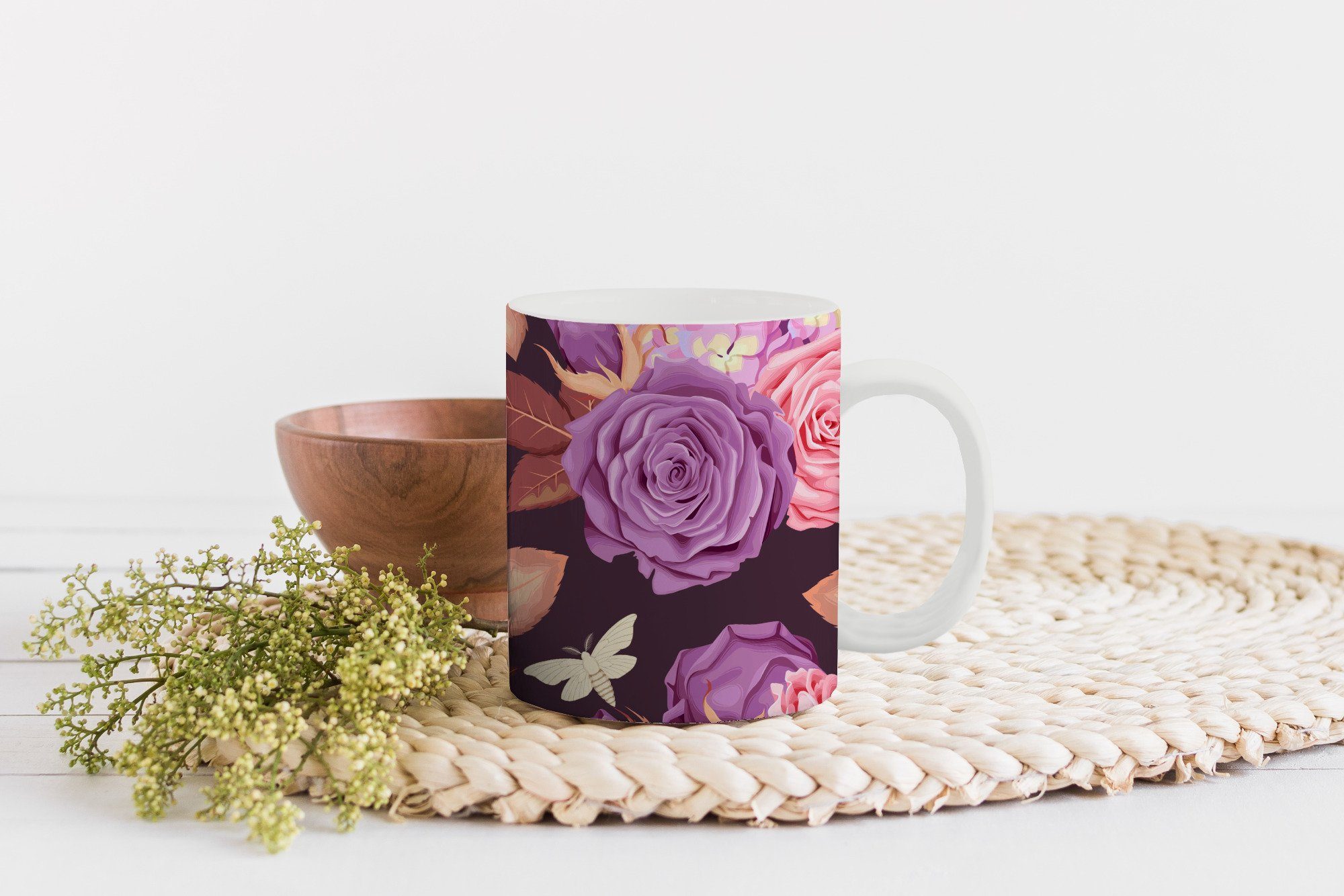 Geschenk Becher, Teetasse, Insekt - Rosen Keramik, - Rosa, MuchoWow Lila Teetasse, - Kaffeetassen, Tasse