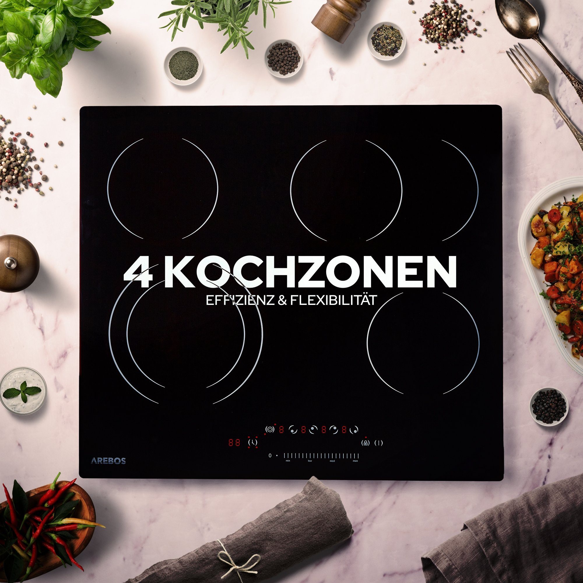 Arebos Elektro-Kochfeld Glaskeramikkochfeld - 6600W - 4 Kochzonen, Sensor-Touch, Autoabschaltung, Kindersicherung/Tastensperre – Bild 4 von 5