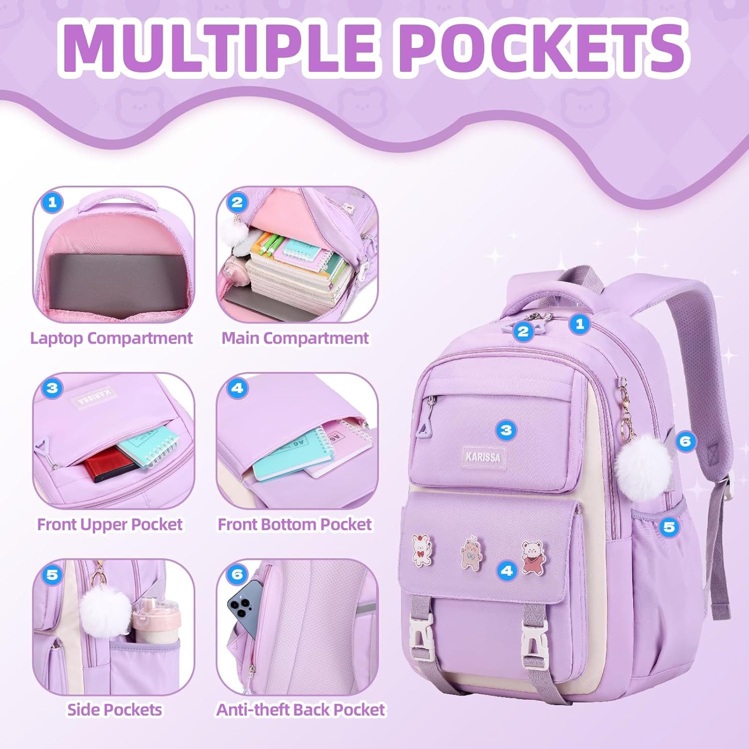 LIANNA Schulrucksack 3‑teiliger lila Mädchen Schulrucksack, leicht, wasserabweisend (Set, 3-tlg., 3‑teiliger lila Mädchen Schulrucksack, leicht, wasserabweisend)