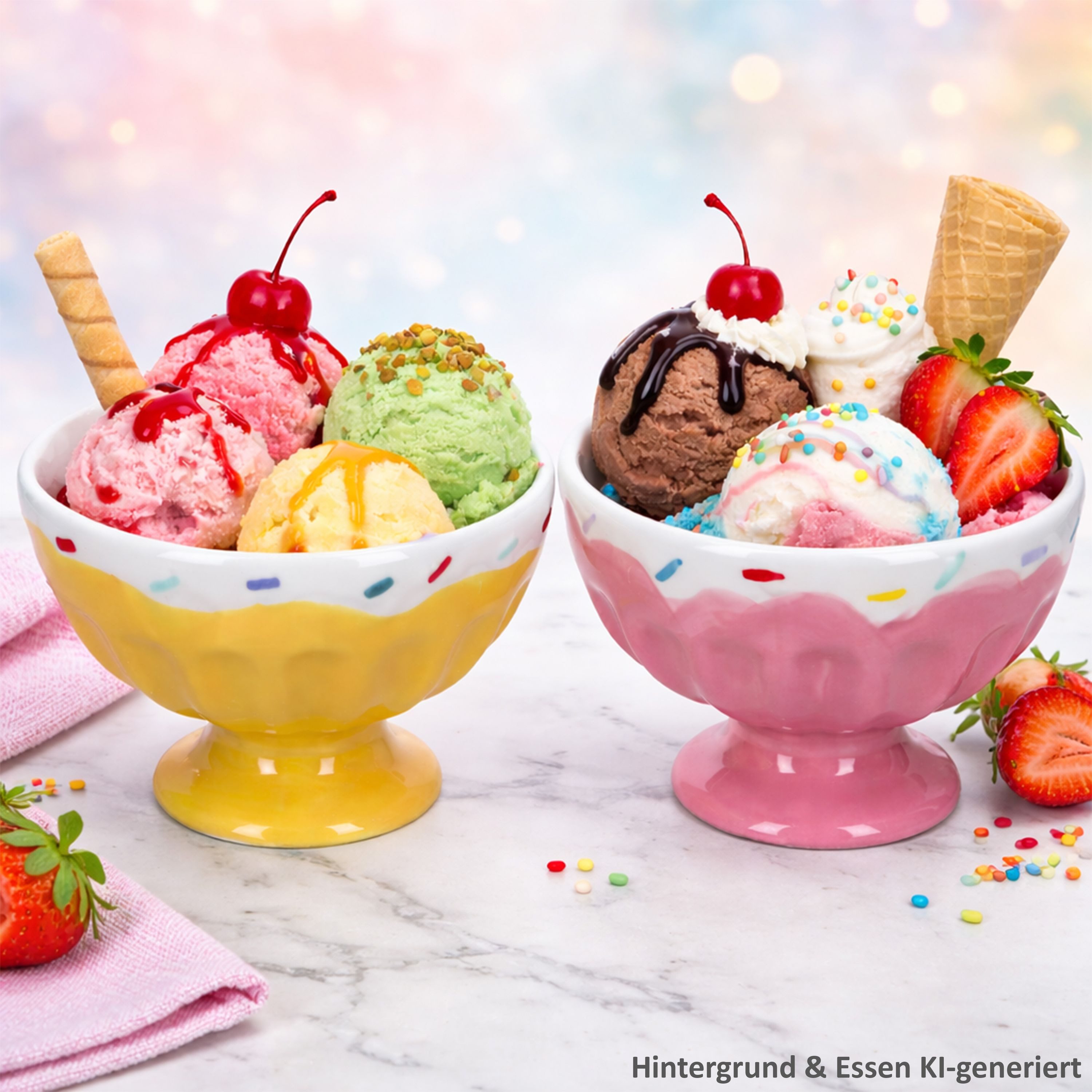 MamboCat Eisschale MamboCat 2er Set Eisbecher Sunny auf Fuß Rosa Gelb Ø12,5cm Obstschale, Steingut – Bild 5 von 5