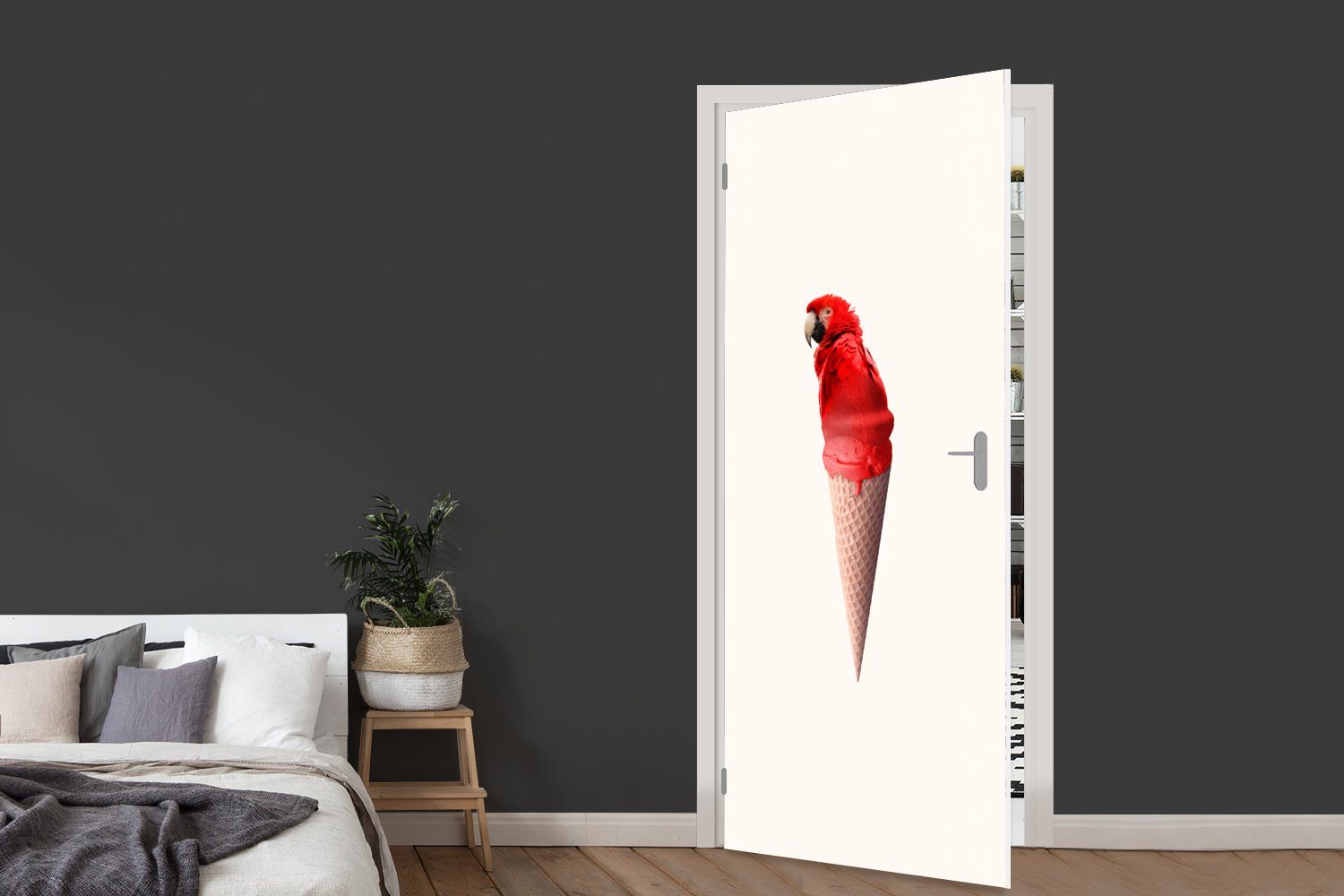 MuchoWow Türtapete Eiscreme Tür, - Matt, bedruckt, (1 - 75x205 Eistüten Weiß, - Türaufkleber, Fototapete Rot Papagei - cm St), für