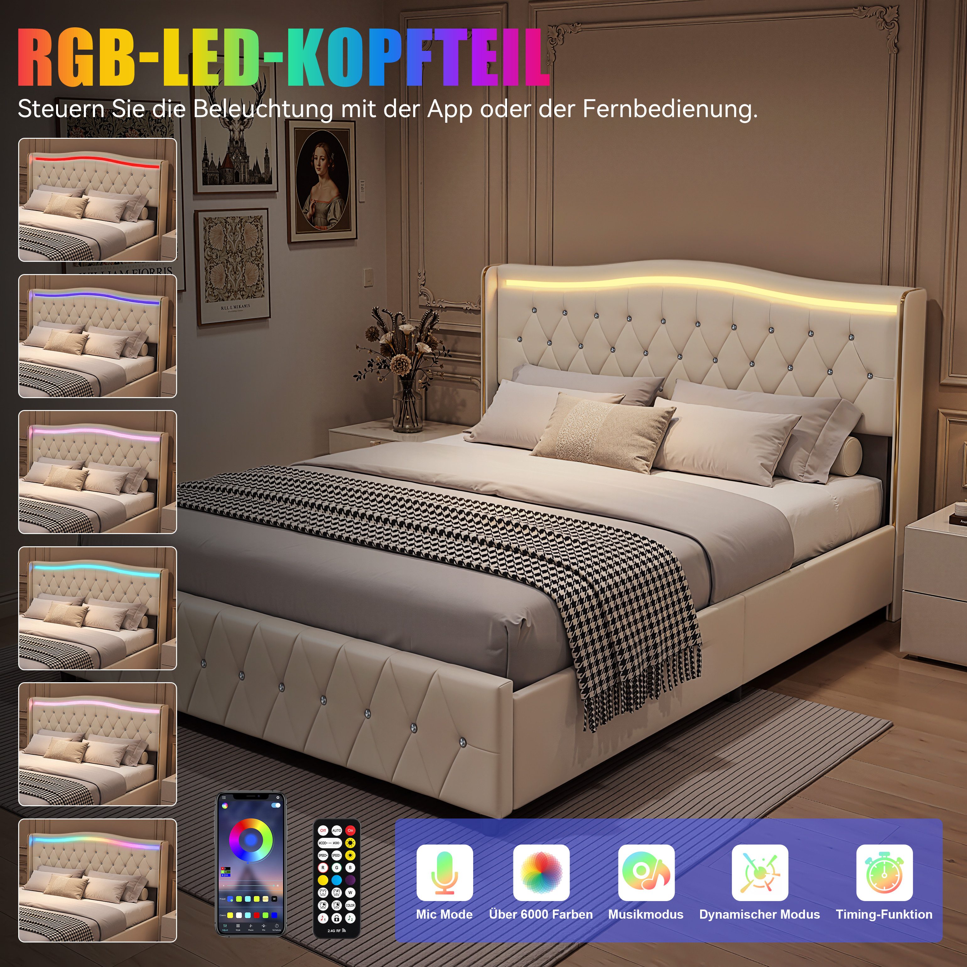 oyajia Polsterbett LED Doppelbett Stauraumbett mit Kopfteil und 4 Schubladen (Mit Lattenrost und Ladefunktion, PU-Leder materia Polsterbett), mit Komforthöhe, Leises Design Bett