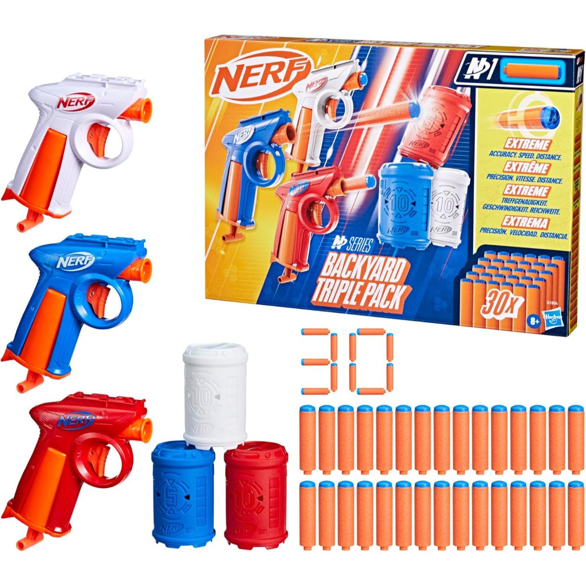 Nerf Blaster N Series Backyard Triple Pack mit 3 Blastern 30 Darts und 3 Zielen