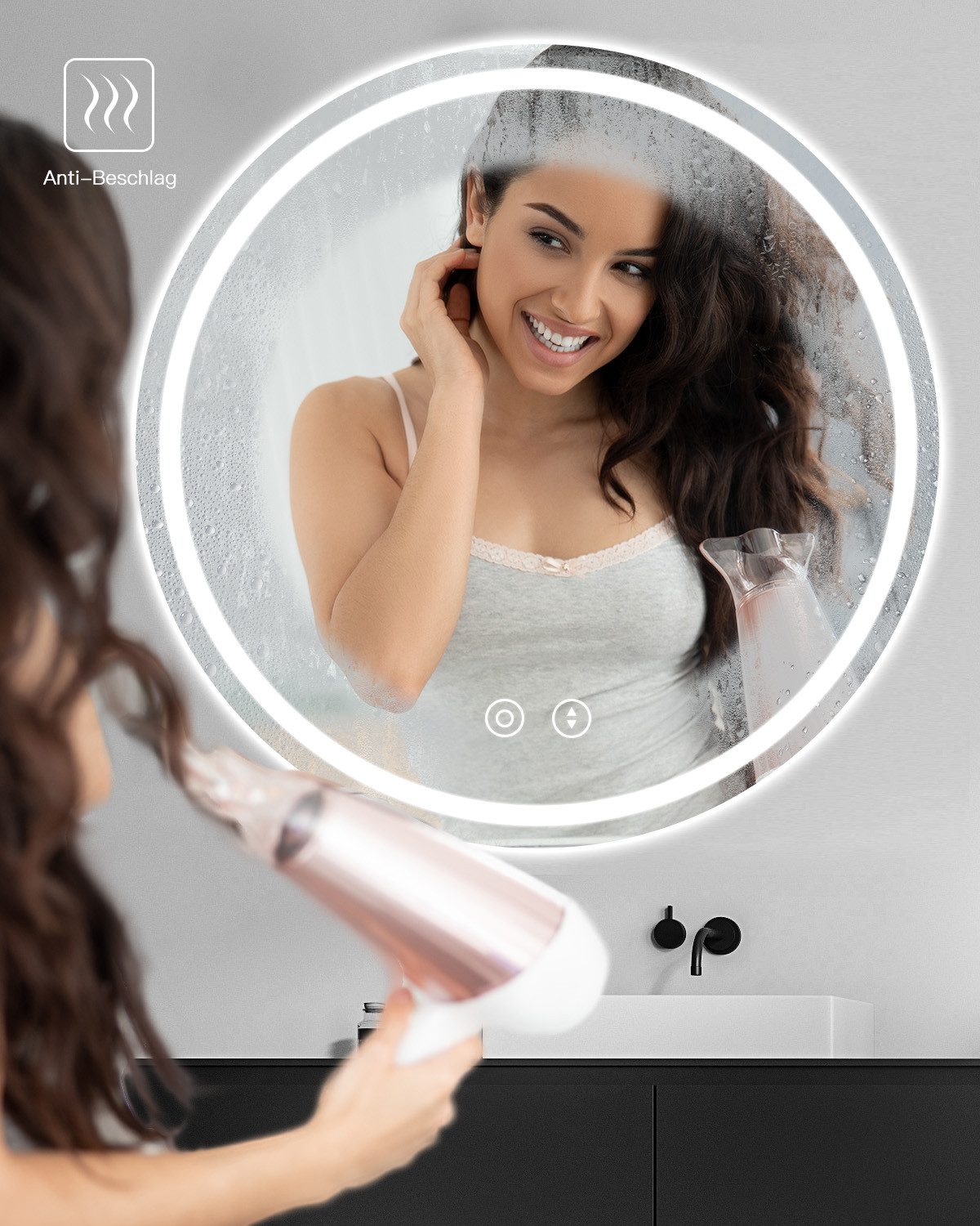 Dripex Badspiegel Rund Badezimmerspiegel LED mit UHR / Bluetooth-Lautsprecher, Dimmbar, 3 Lichtfarbe Einstellbar, Beschlagfrei – Bild 4 von 5
