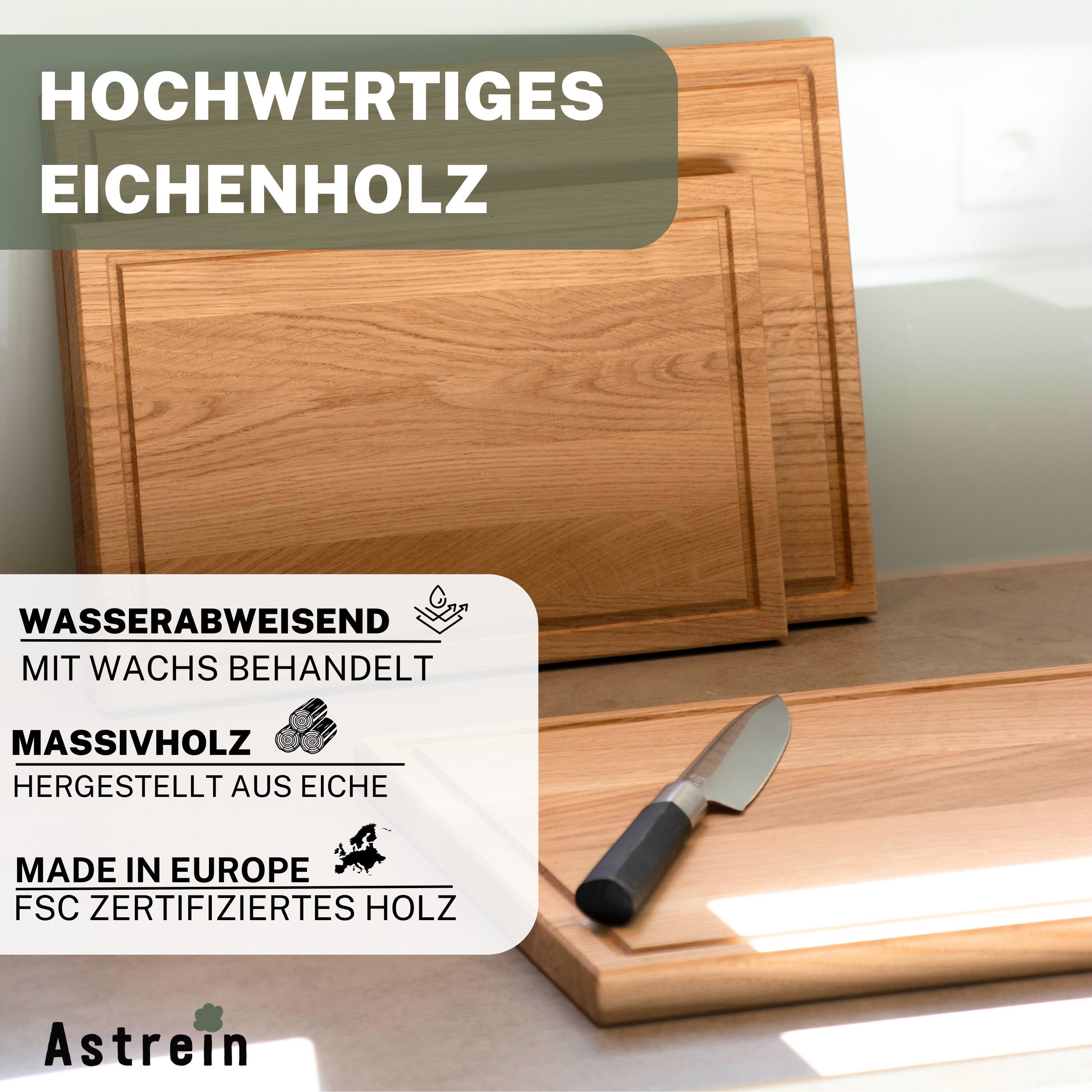 Astrein Schneidebrett Schneidebrett aus massivem EICHENHOLZ inkl. Pflegeset (3er Set), (3-St)