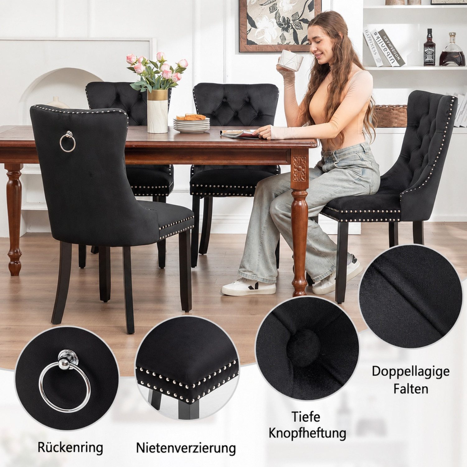 ANYSUN Esszimmerstuhl Esszimmerstühle,2/4/6 er-Set Samt Chesterfield,bis 130 kg,French Style (Polsterstühle mit Knopfheftung & Ziernieten, Massivholz Rubberwood – Bild 4 von 5