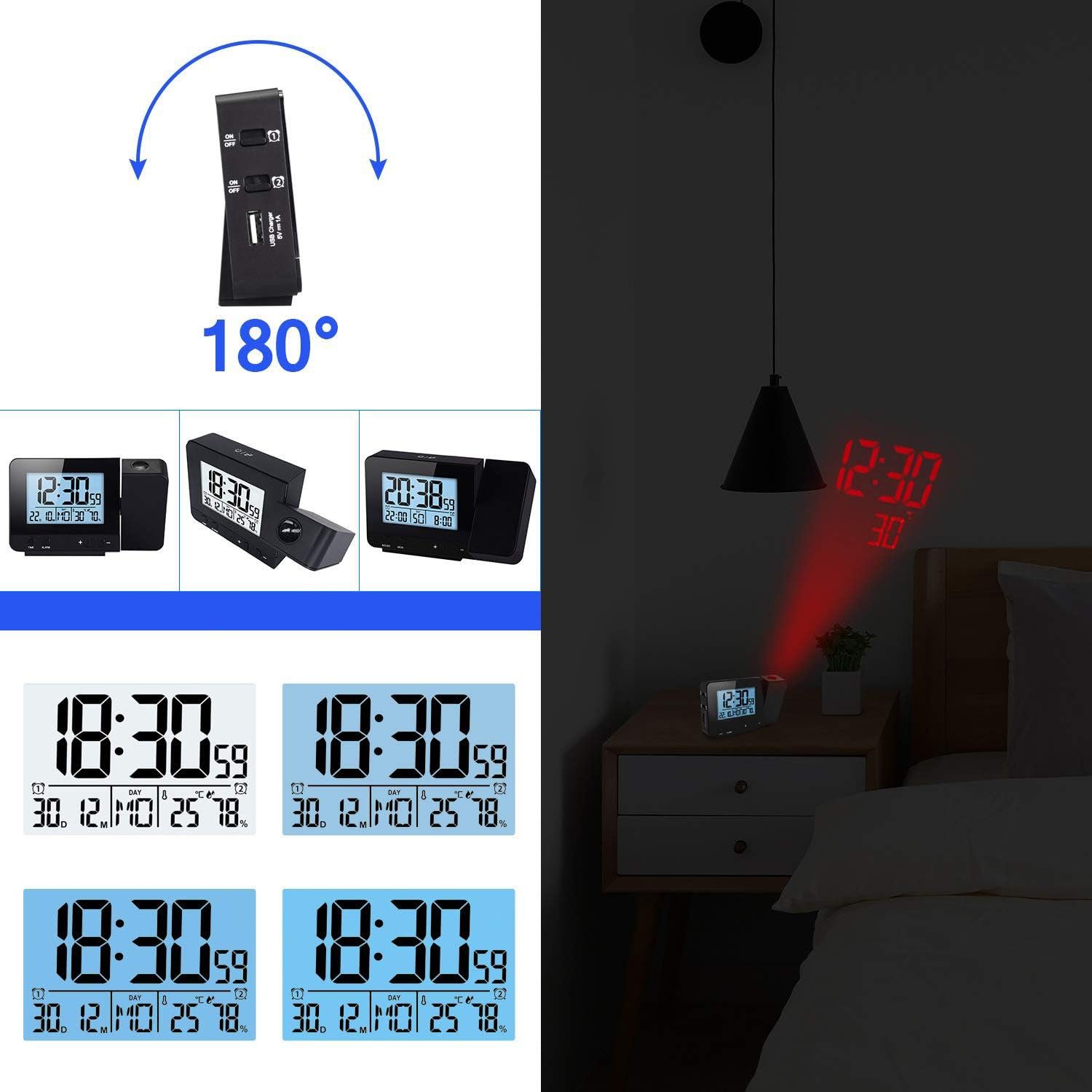 Wecker Helligkeit LED-Projektor Jormftte Uhr,digitaler Stufen Wecker 4