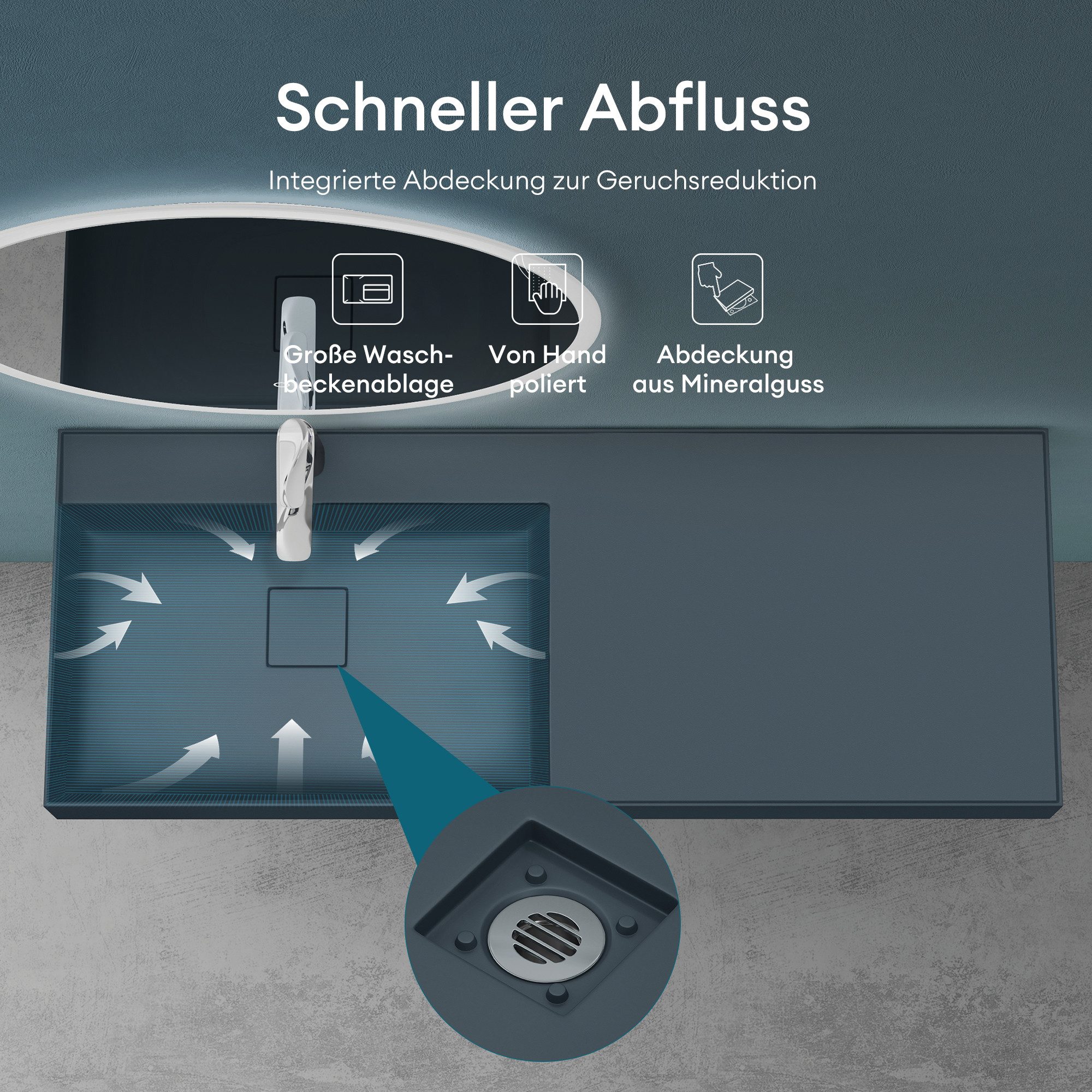 Mai & Mai Aufsatzwaschbecken Waschbecken Hänge-Waschtisch Mineralguss eckig 1 Armaturenloch Col630, Inkl. zusätzlicher Messing-Ablaufgarnitur – Bild 5 von 5