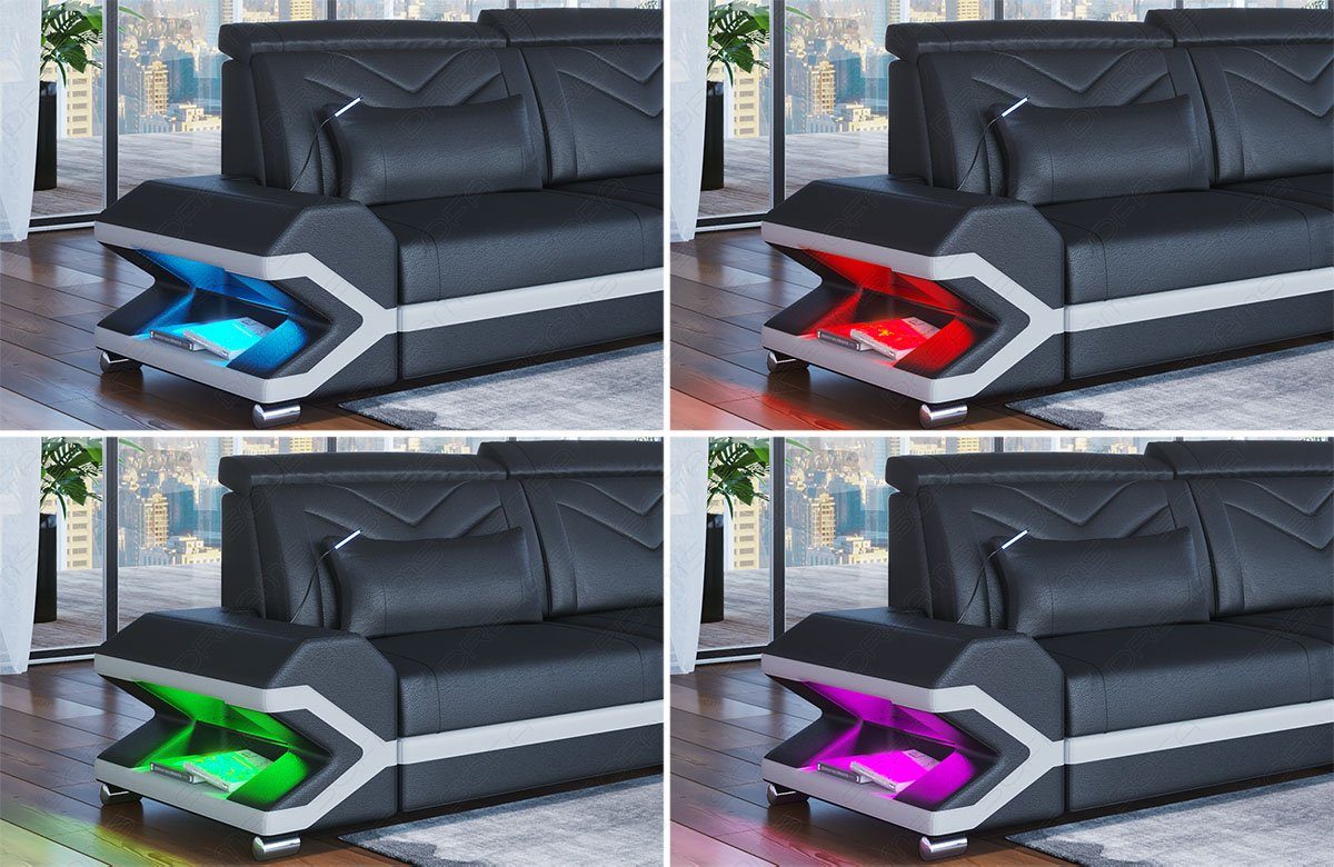 Wohnlandschaft Form ausziehbare H14 Stoff Schwarz-Weiss mit Sorrento Sofa Couch Designersofa Dreams Polstersofa USB-Anschluss, LED, Bettfunktion, U Stoffsofa,