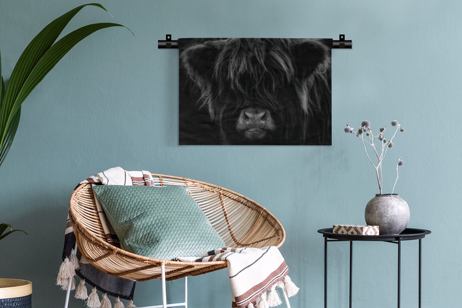 - - Tiere - Kleid, - Kinderzimmer - Wanddekoobjekt Schlafzimmer, Weiß, Wandbehang, Porträt für Highlander Wanddeko Kuh Schwarz Wohnzimmer, Schottischer MuchoWow