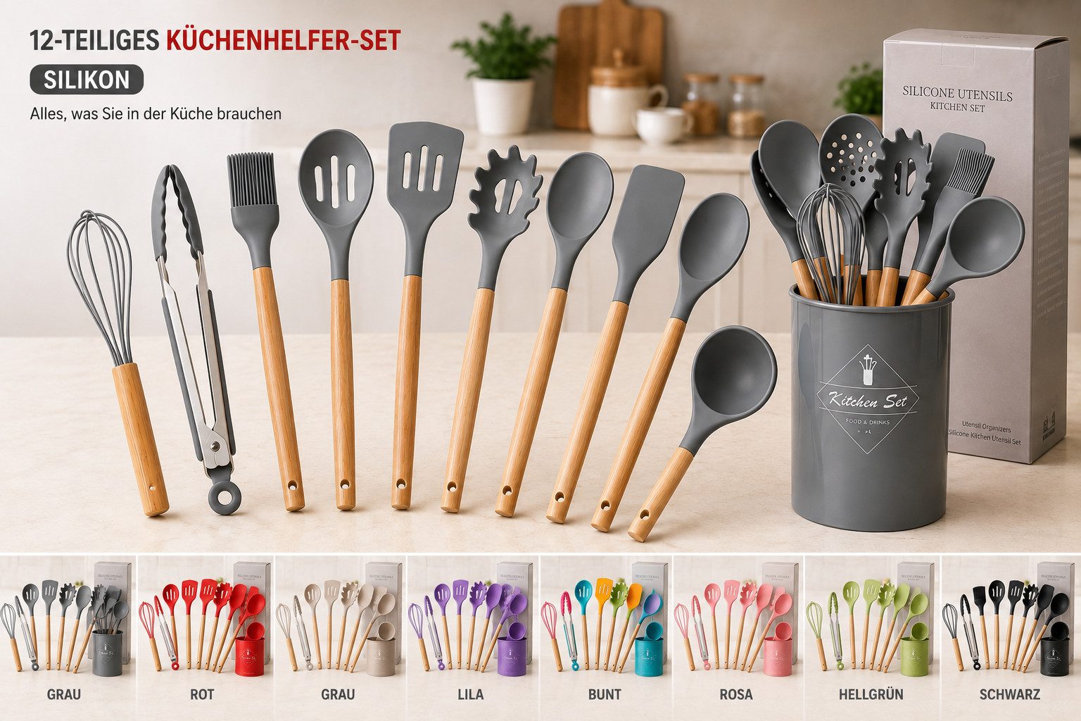 Faizee Home Kochbesteck-Set 12-teiliges Silikon-Küchenhelfer-Set mit Holzgriff (12-tlg)