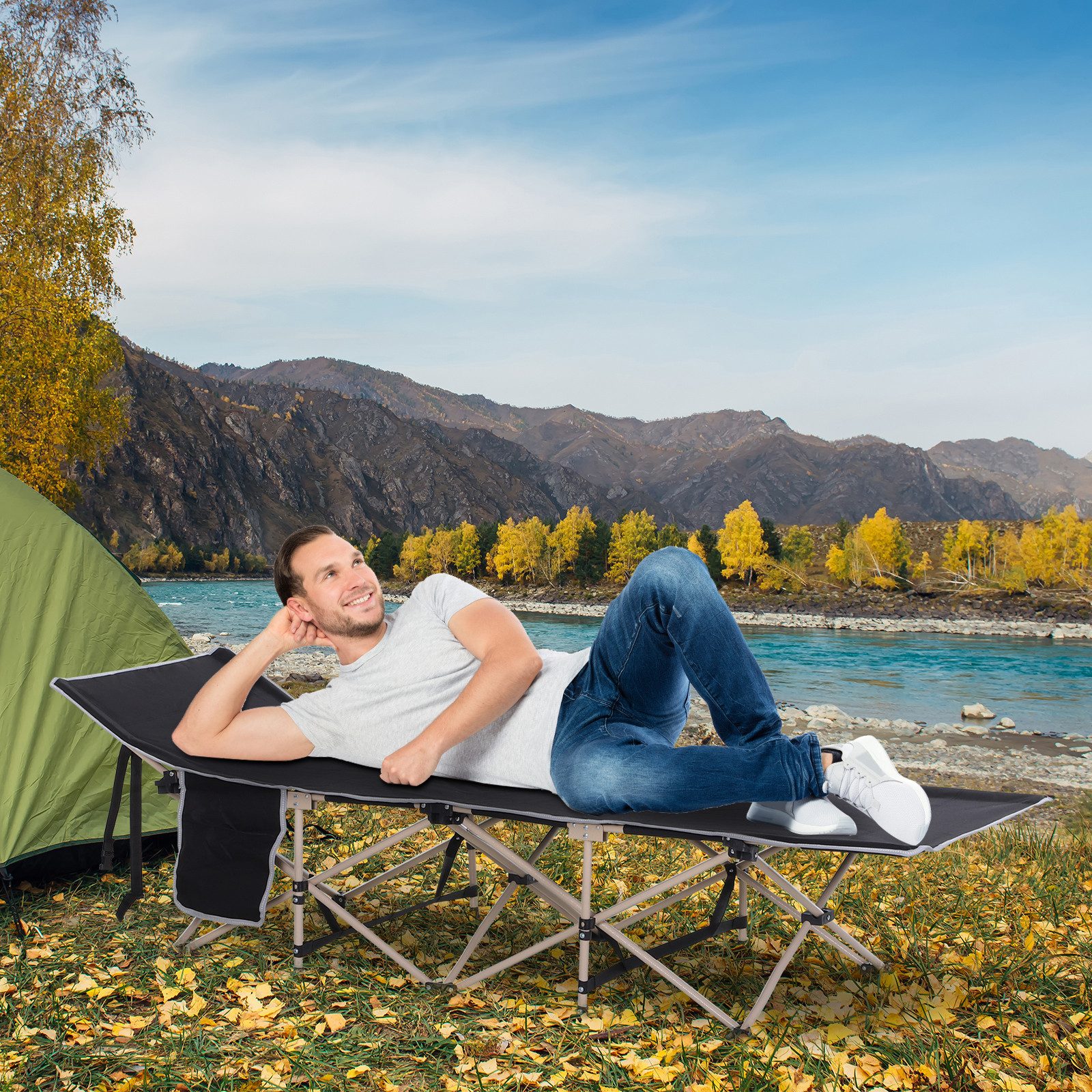 Outsunny Feldbett faltbar mit Tragetasche bis 150 kg Klappbett für Camping (Campingbett, 1-St., Campingliege) für Garten, Balkon, Schwarz